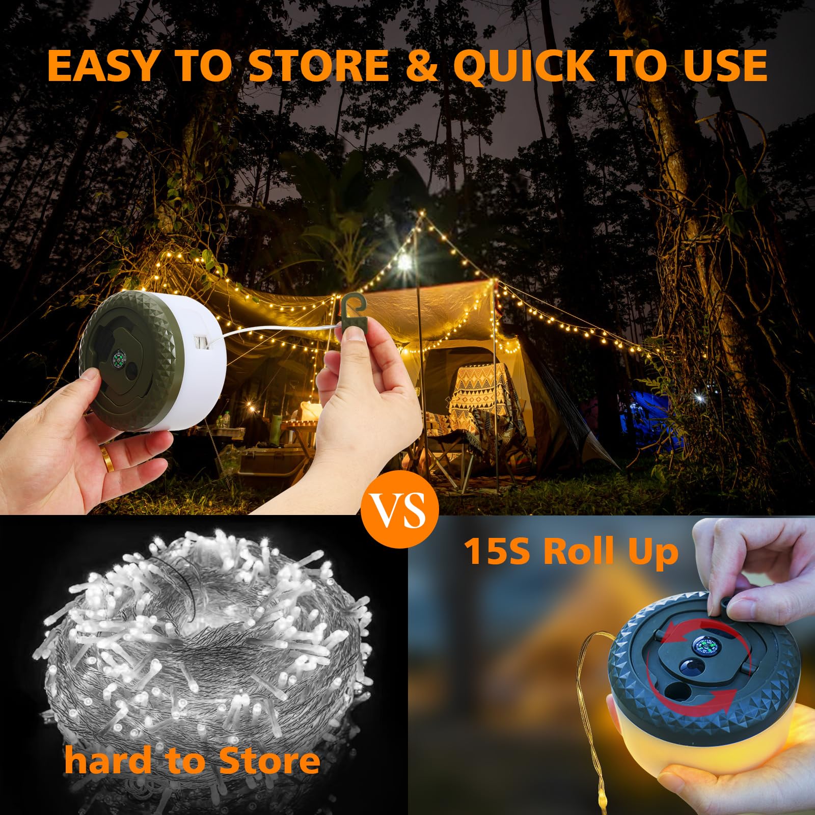 2-in-1 Waterproof Camping String Lights - 32.8FT with 8 Modes for Outdoor, Party & Christmas Decor