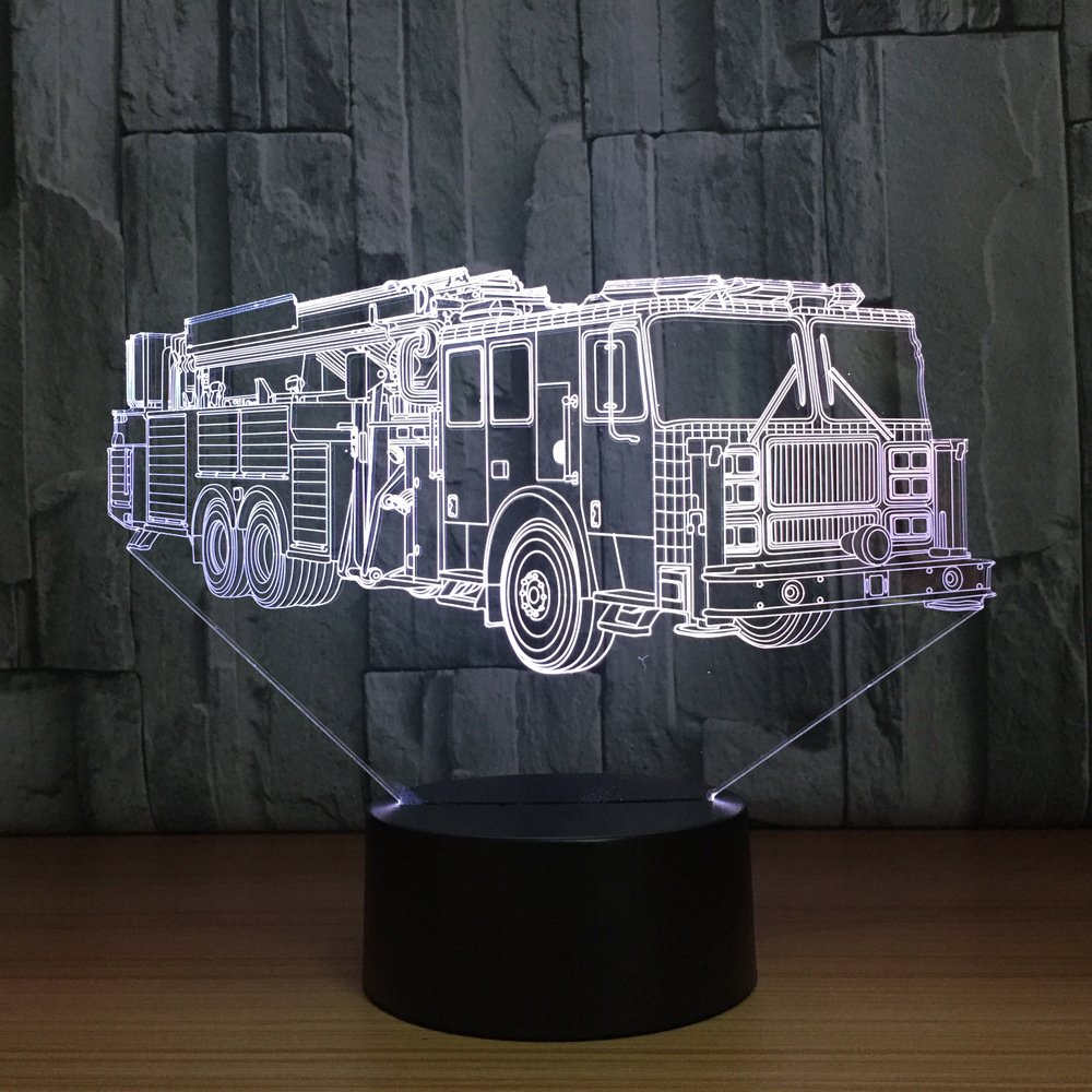 3D Fire Engine Night Light - 16 Color Changing LED Remote Control Desk Lamp with Acrylic Flat ABS Base & USB Power - Perfect for Kids Room Decor, Birthday & Christmas Gifts for Children