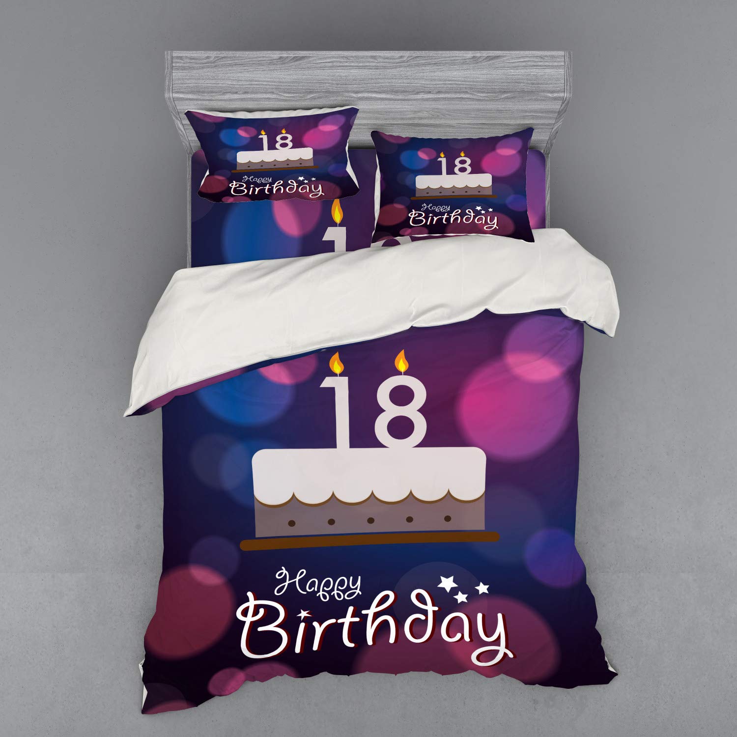 Ambesonne 18th Birthday Duvet Cover Set - Vibrant Cartoon Birthday Cake with Candles Design, 4-Piece Queen Size Bedding Set with Shams & Fitted Sheet in Purple & Lilac - Perfect for Teen Bedrooms, Dorm Decor & Birthday Party Themes