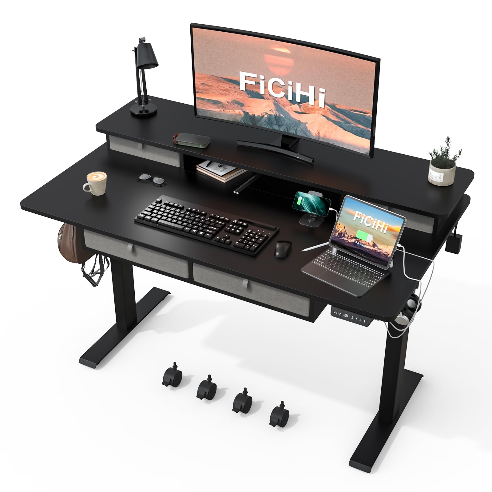 Adjustable Height Electric Standing Desk with 4 Drawers & Wheels - 55 x 30 Inches Home Office Desk with 3 Memory Presets, Monitor Stand Riser & USB A/C Charging Port - Perfect for Ergonomic Workstations & Small Spaces