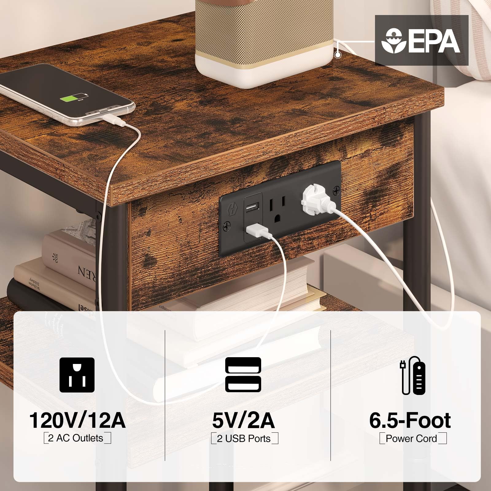 Rolanstar Small End Table with USB Charging Station & 3 Storage Shelves - Narrow Nightstand for Bedroom, Living Room - Rustic Brown Side Table Perfect for Small Spaces | Ideal for Charging Devices & Organizing Essentials