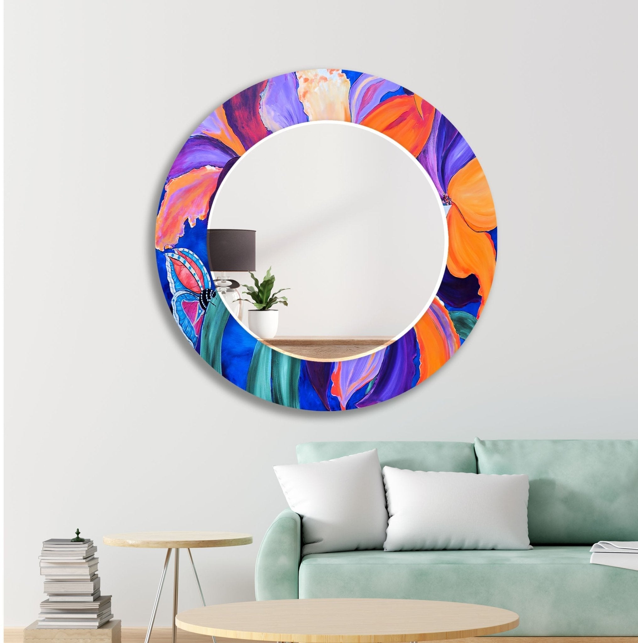 Abstract Purple Flower Painting Wall Mirror - Elegant Home Decor for Living Room, Bedroom & Bathroom | Perfect for Modern & Bohemian Interior Design