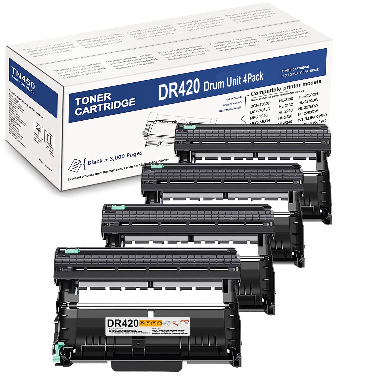 TonerPlusUSA Compatible DR420 Drum Unit for Brother TN450 Toner Cartridge - High Yield Replacement for Brother Laser Printers (4 Pack) - Perfect for Office, Home & Business Printing Needs