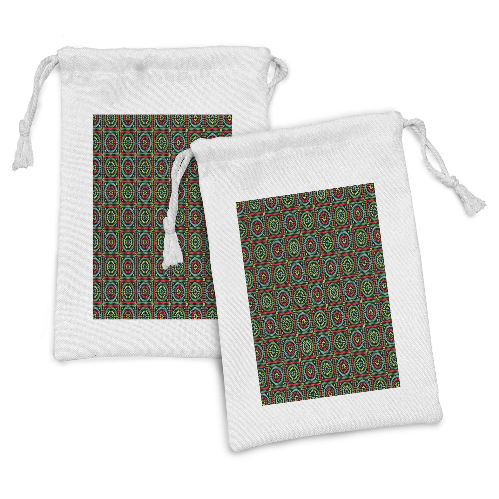 Ambesonne 2-Pack Afghan Fabric Drawstring Pouch Set - Colorful Rhombus Bullseye Circles & Checkered Squares Mosaic Design - 9