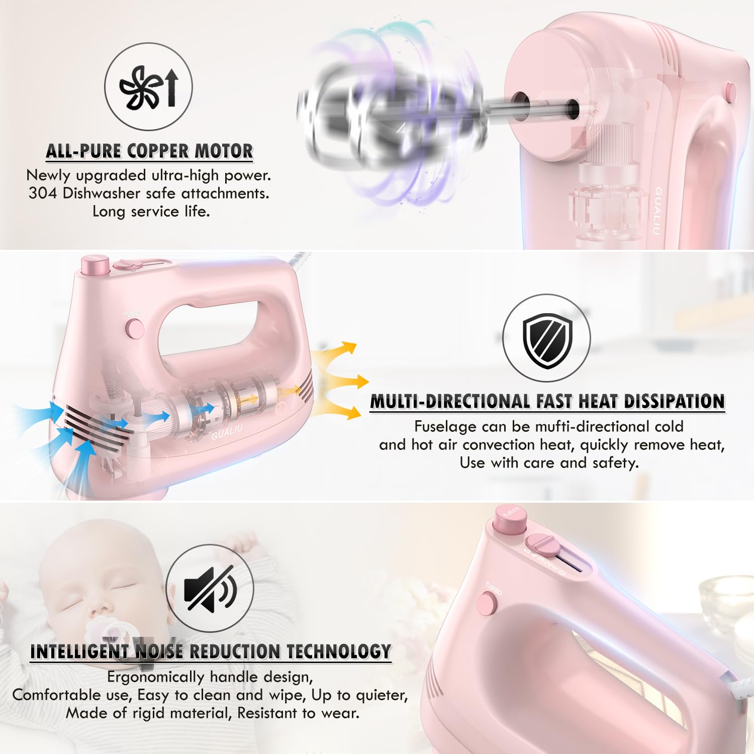 **5-Speed Electric Hand Mixer with Stainless Steel Whisk & Dough Hook - Turbo Boost Kitchen Blender for Baking Cakes, Eggs, Cream - Includes Storage Bag (Pink) - Perfect for Home Baking, Whipping, and Mixing**