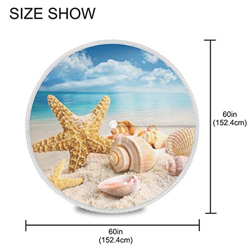 Wusikd 60 Inch Round Beach Tablecloth with Seashell & Starfish Design - Outdoor Waterproof Polyester Table Cover with Umbrella Hole for Camping, Picnic, Patio, Parties, BBQs - Perfect for Summer Gatherings & Ocean-Themed Decor