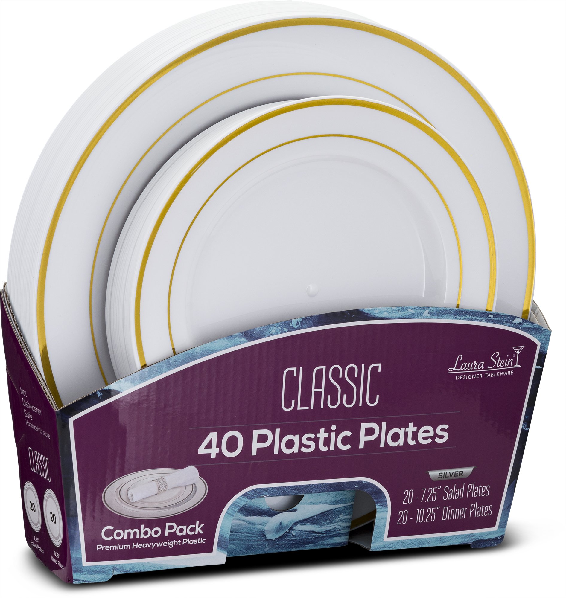 Laura Stein Premium 40-Piece Plastic Dinnerware Set - 20 White & Gold Rimmed 10.75