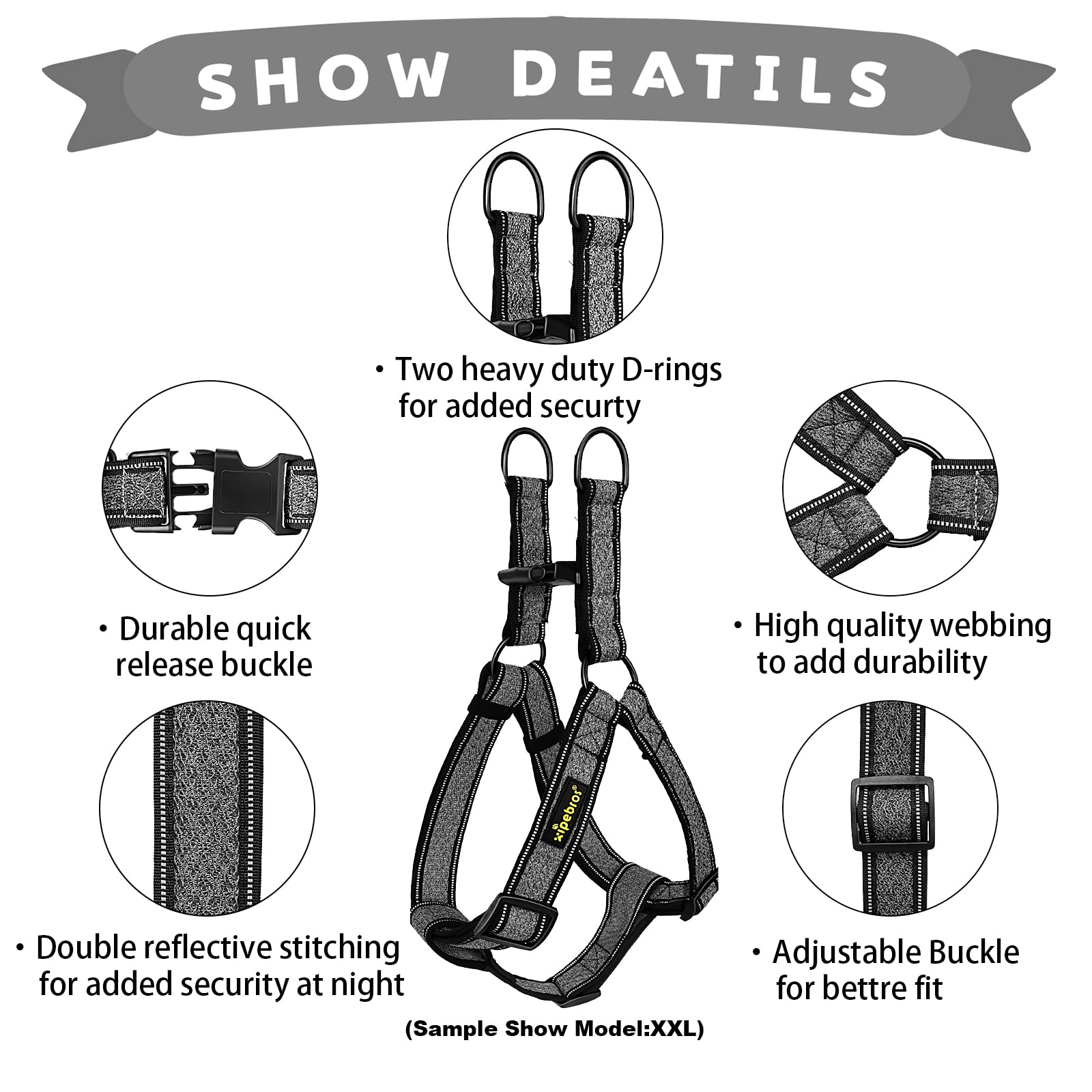 No Pull Dog Harness with Reflective Adjustable Straps - Stops Pets from Pulling & Choking - Breathable Comfort for Large Dogs (Black, XXL) - Perfect for Walking, Running & Outdoor Adventures