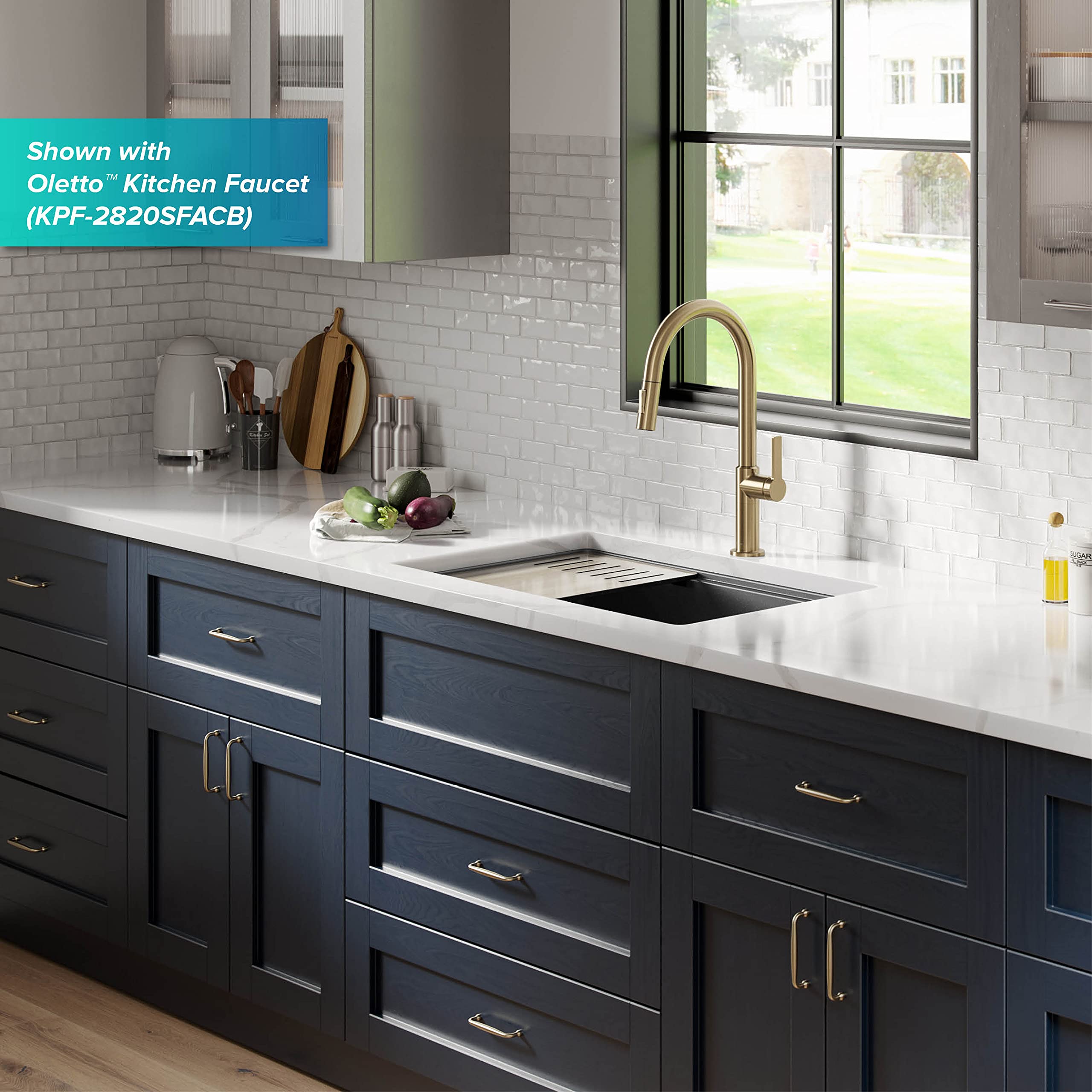 KRAUS Bellucci 30-Inch Undermount Workstation Granite Composite Kitchen Sink in Metallic Black - Includes Accessories (KGUW2-30MBL) - Perfect for Modern Kitchens, Food Prep, and Heavy-Duty Cooking