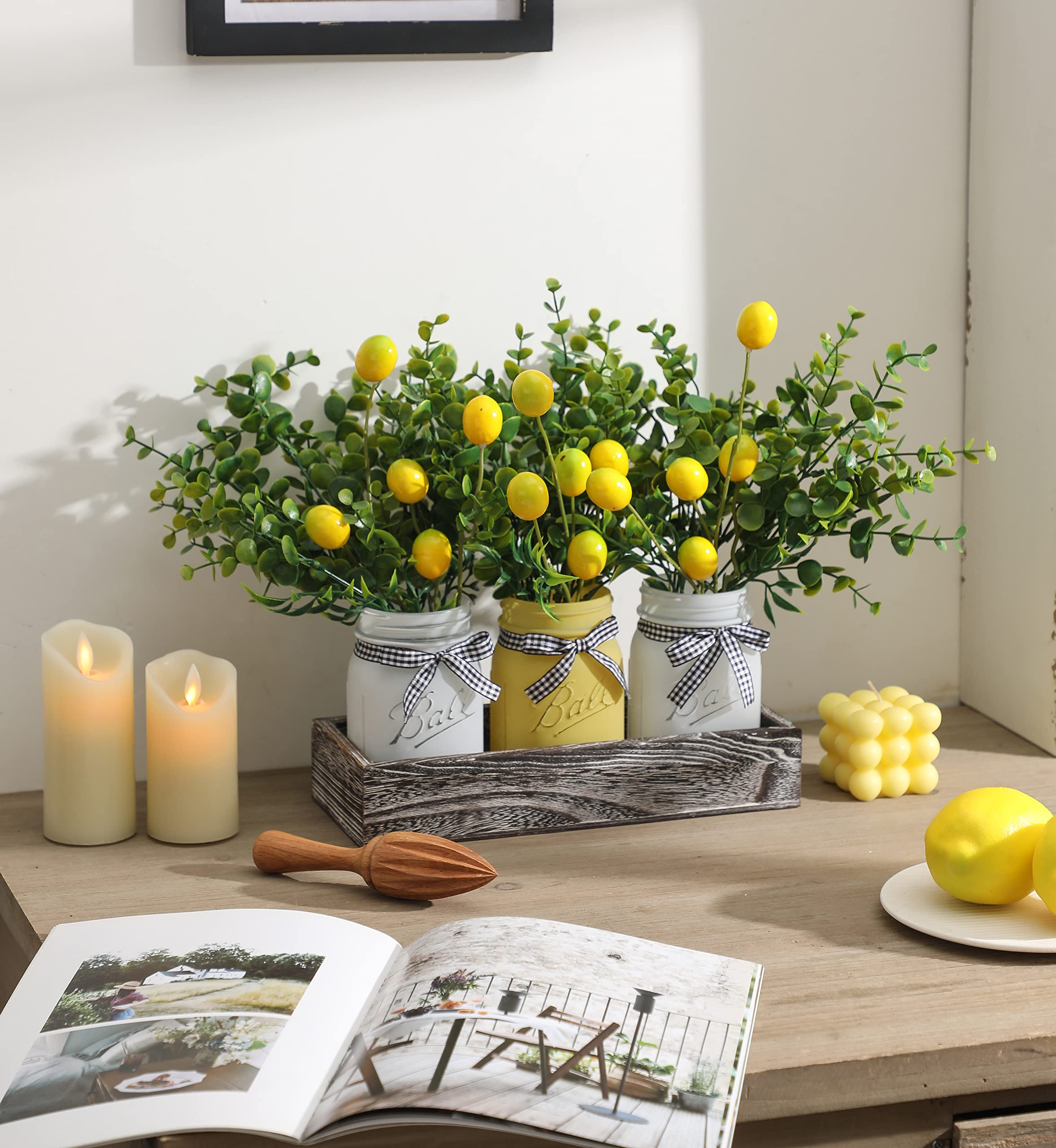 Lemon Mason Jar Centerpiece Set with Wood Tray - 3 Painted Jars for Dining Table, Coffee Table, Kitchen & Living Room Decor - Spring & Summer Home Decor for Farmhouse, Rustic & Country Style