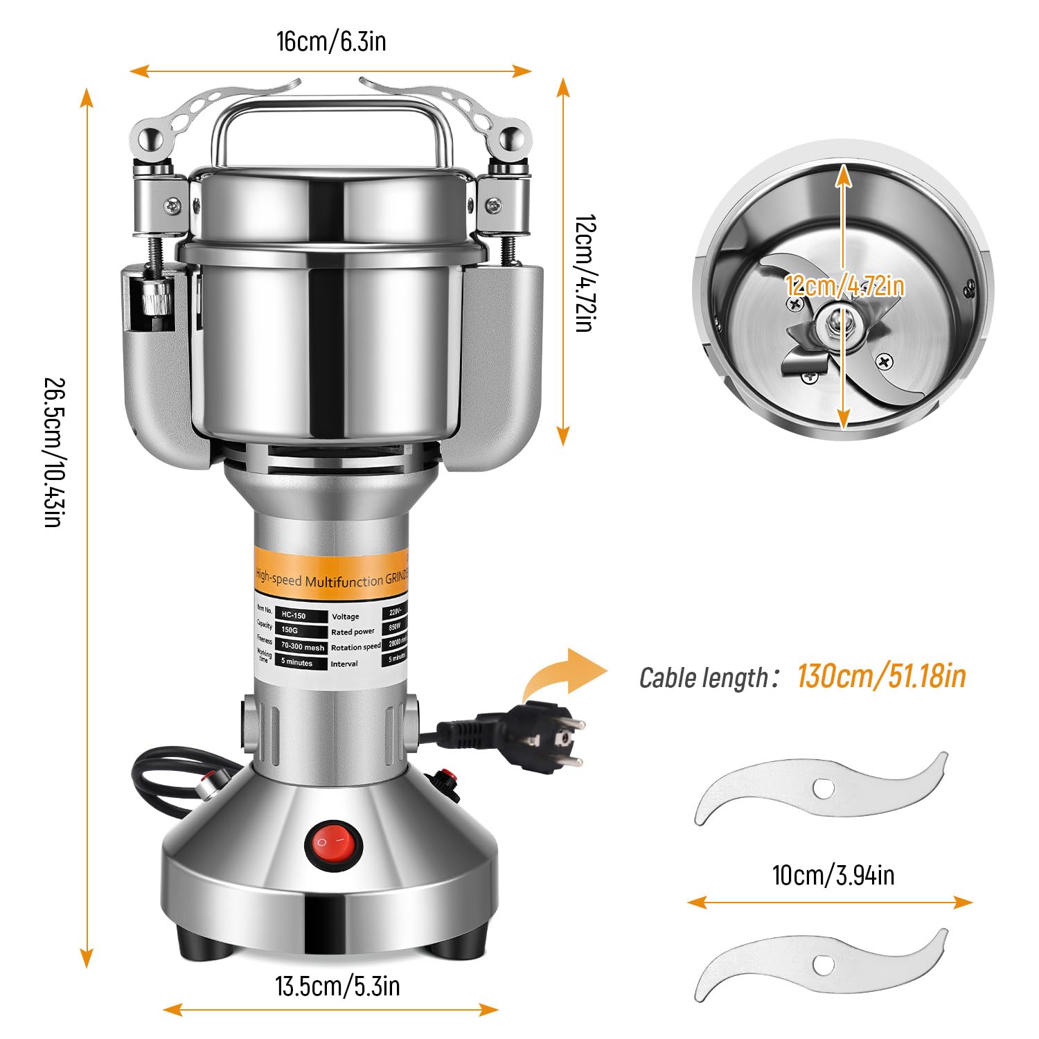 Electric Grain Grinder 150g Portable High-Speed Mill with 3 Stainless Steel Blades - 220V for Wheat, Dry Cereals, Herbs & Spices - Perfect for Home Baking, Coffee Grinding & Healthy Cooking