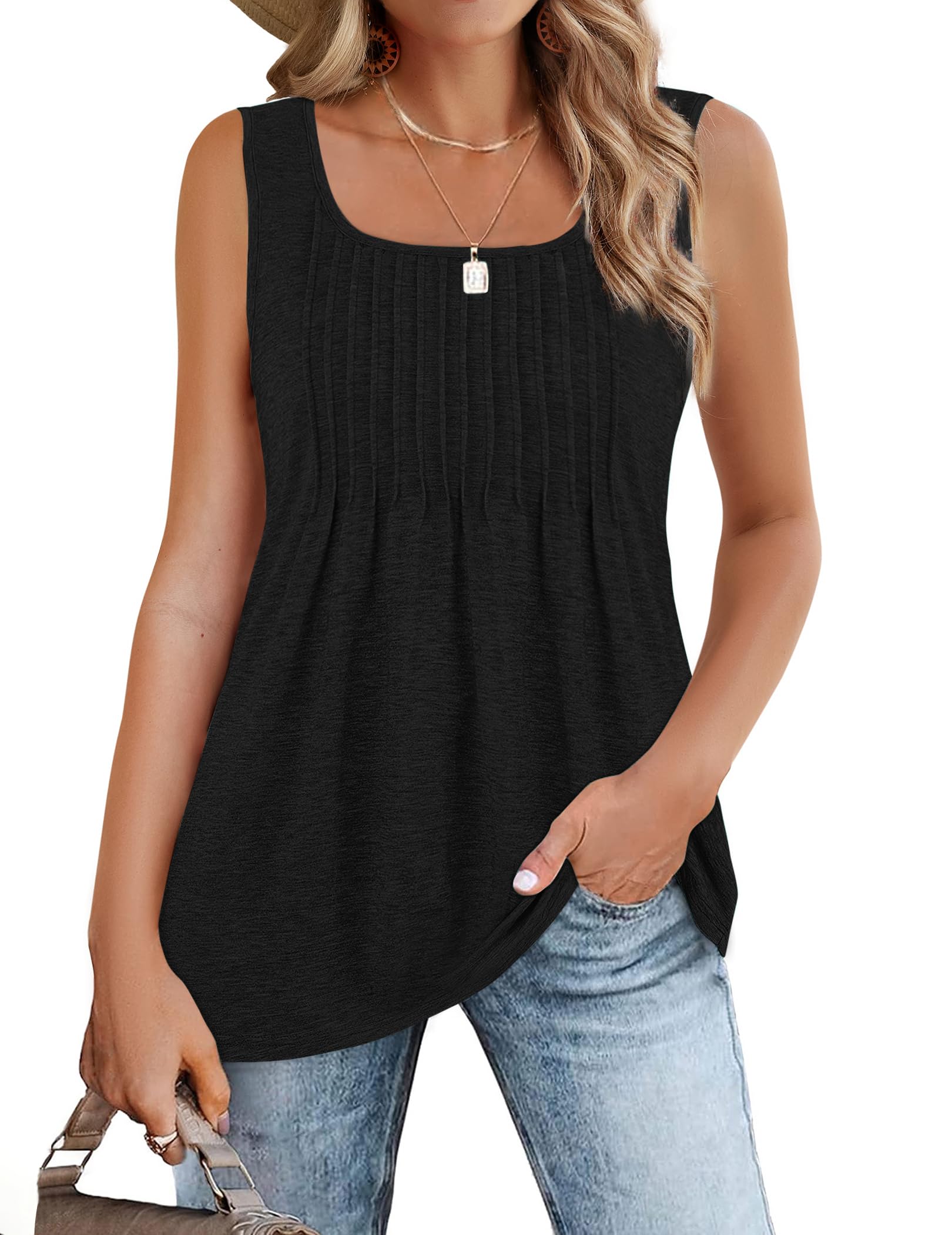 Zeagoo Women's Summer Tank Tops 2025 - Pleated Square Neck Loose Fit Casual Flowy Tunic Sleeveless Shirts for Beach, Vacation & Everyday Wear