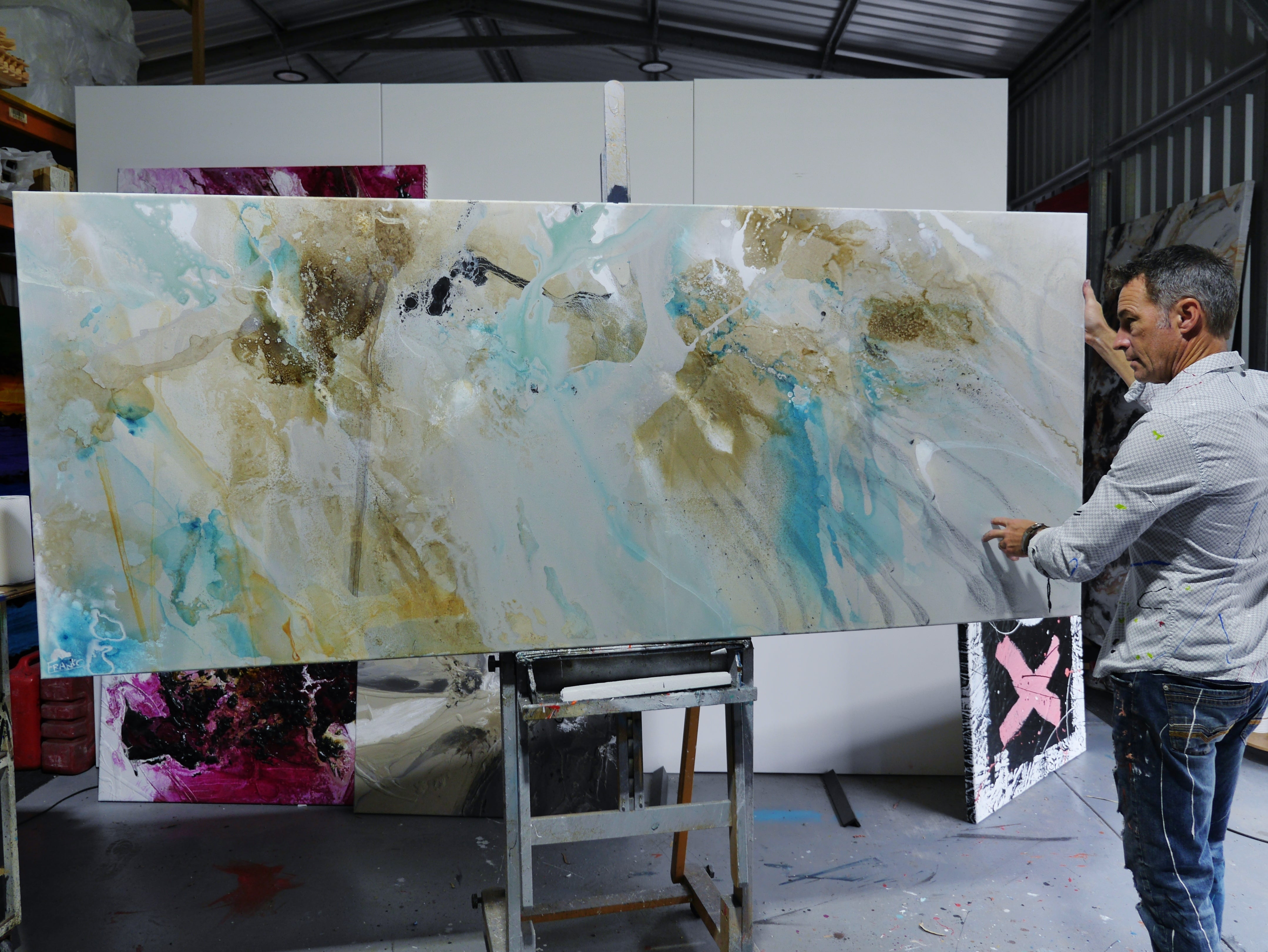 Abstract Teal Rust Cream White Blended Painting - 240cm x 100cm Large Wall Art for Living Room, Bedroom & Office Decor | Premium Canvas Artwork