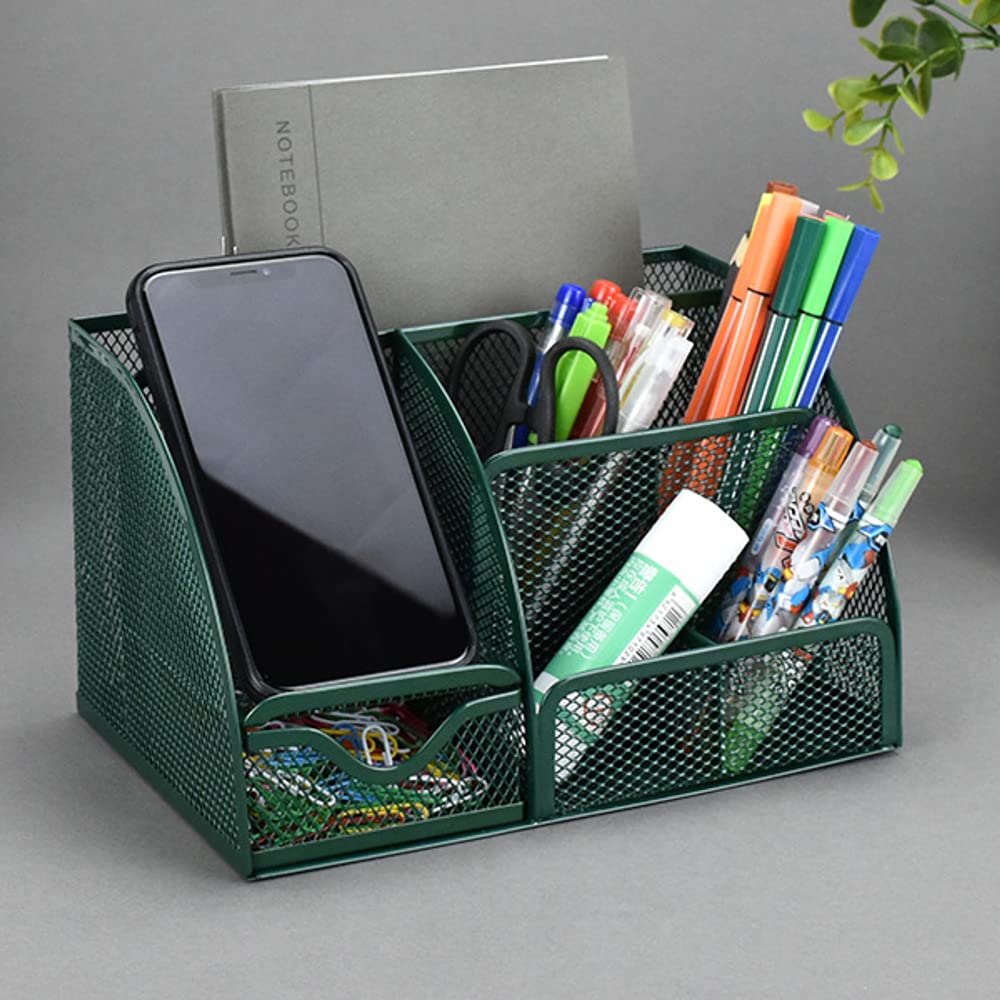 UNVARYSAM Green Mesh Desk Organizer with 6 Compartments & Drawer - Desktop Storage Caddy for Stationery, Jewelry, Cosmetics, Electronics - Perfect for Office, Workspace, Classroom & Home Organization