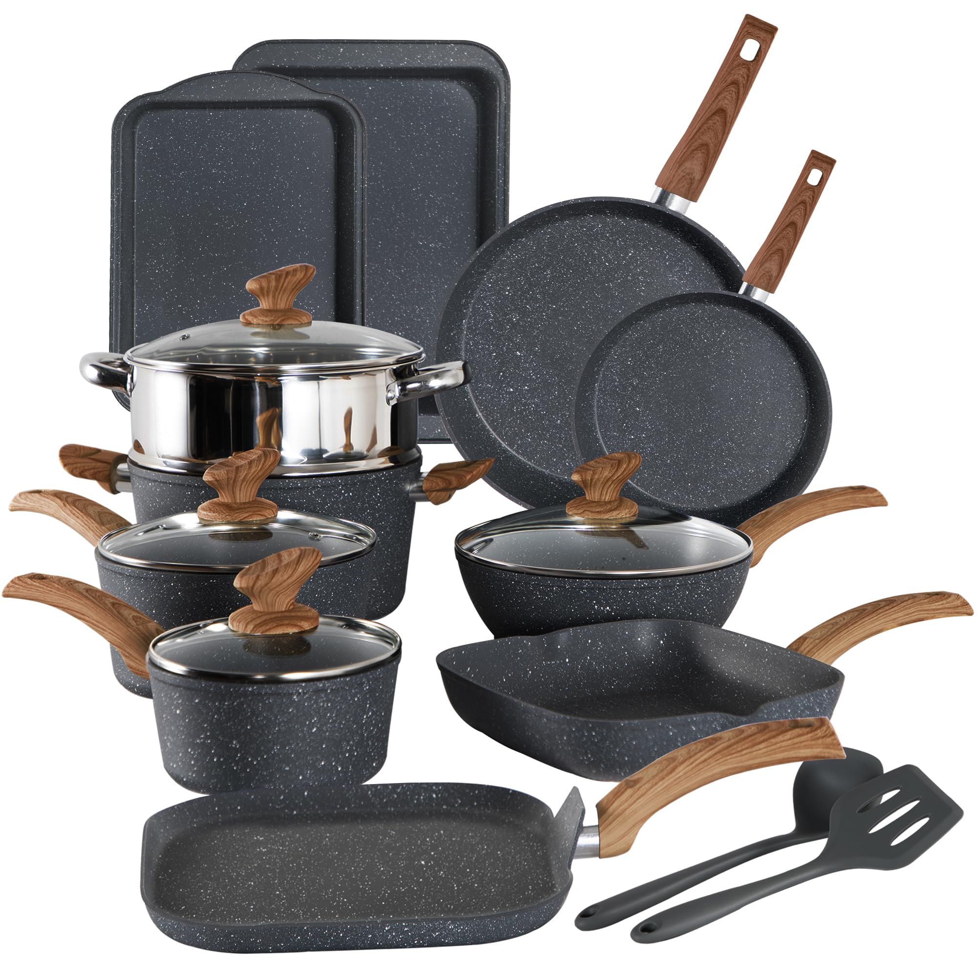 Kitchen Academy 17-Piece Induction Cookware Set - Nonstick Black Granite Pots & Pans for Gas & Electric Stoves | Perfect for Home Cooking, Professional Chefs & Everyday Meal Prep