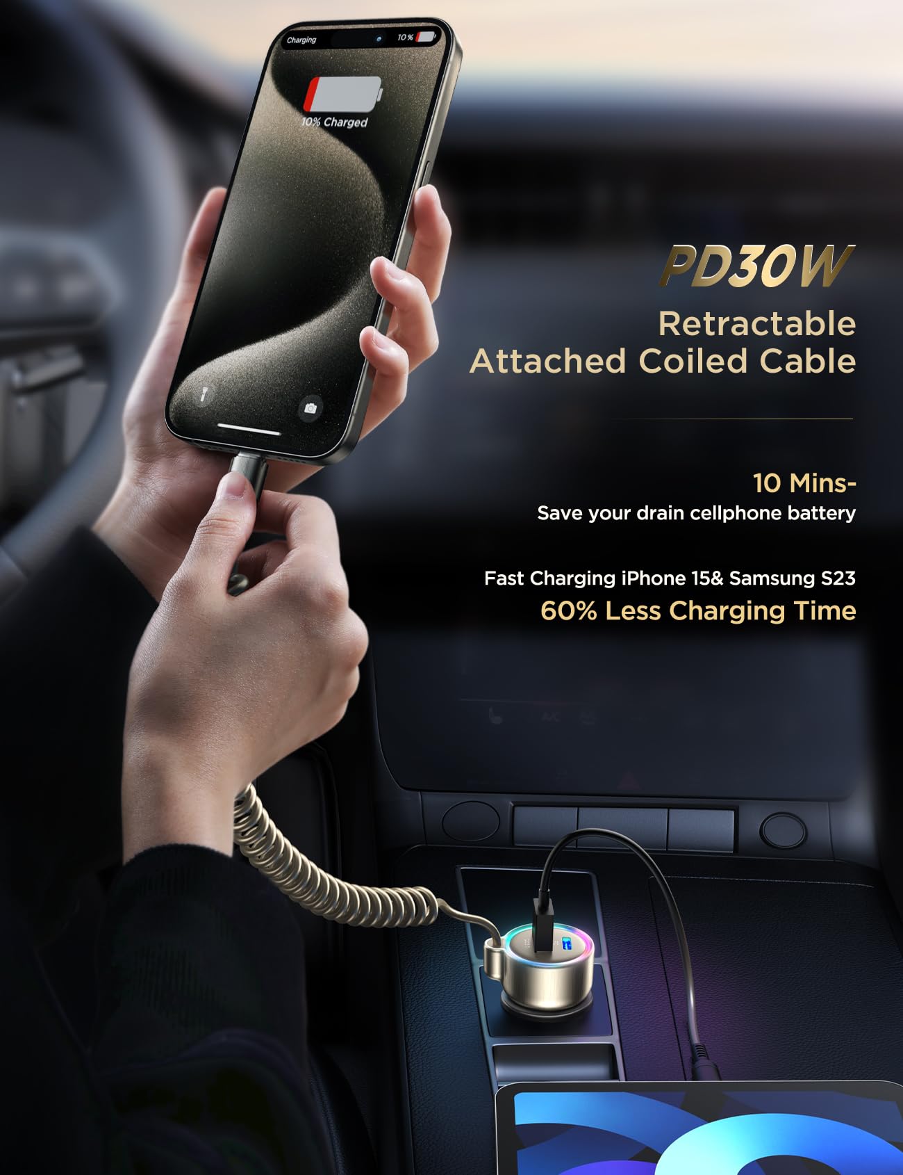 60W USB C Car Charger with PD & QC3.0 Fast Charging - Includes 5ft 30W Type C Coiled Cable - Compatible with iPhone 15 Pro Max/Plus, Samsung Galaxy S24/S23/S22, Google Pixel, Moto, LG & Android Devices - Perfect for Road Trips & Daily Commutes