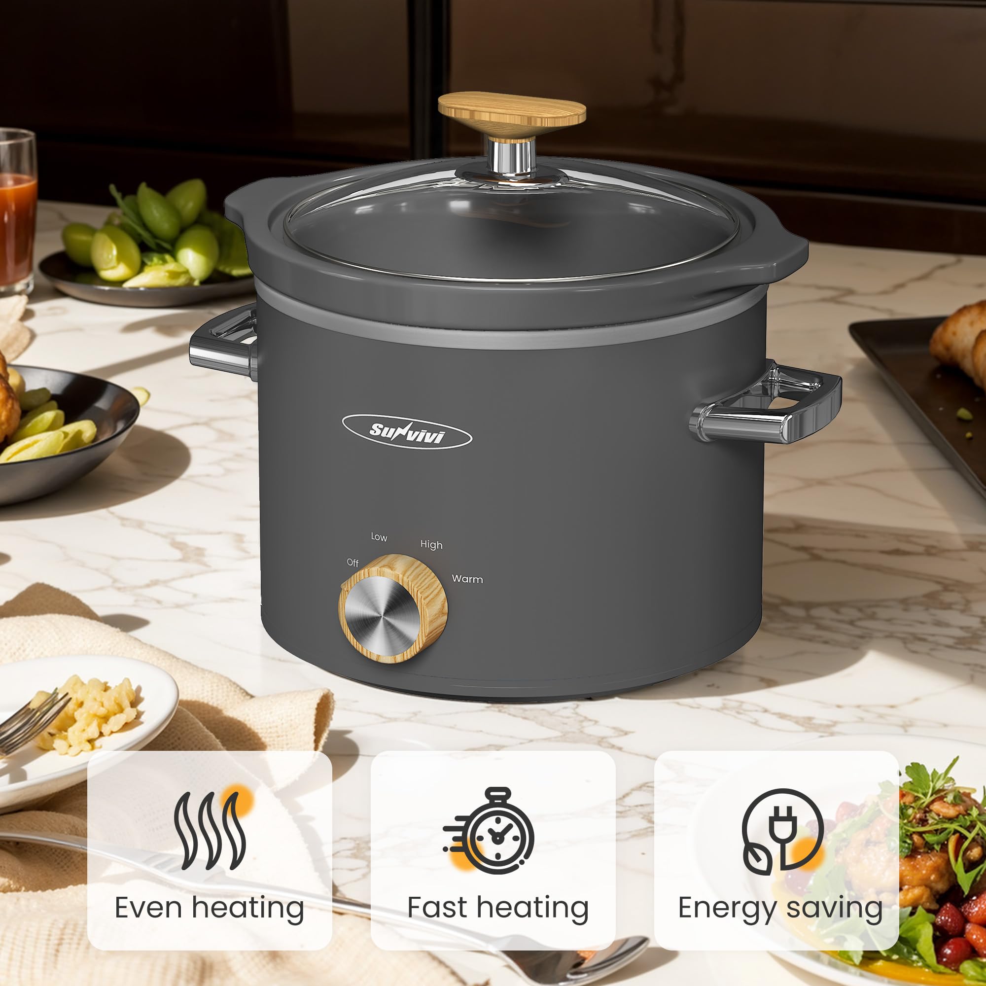 Sunvivi 2 Quart Slow Cooker - Small Crock Pot with Removable Ceramic Bowl, 3 Heat Settings & Dishwasher Safe Glass Lid, Perfect for Soups, Stews & Meal Prep (Grey)