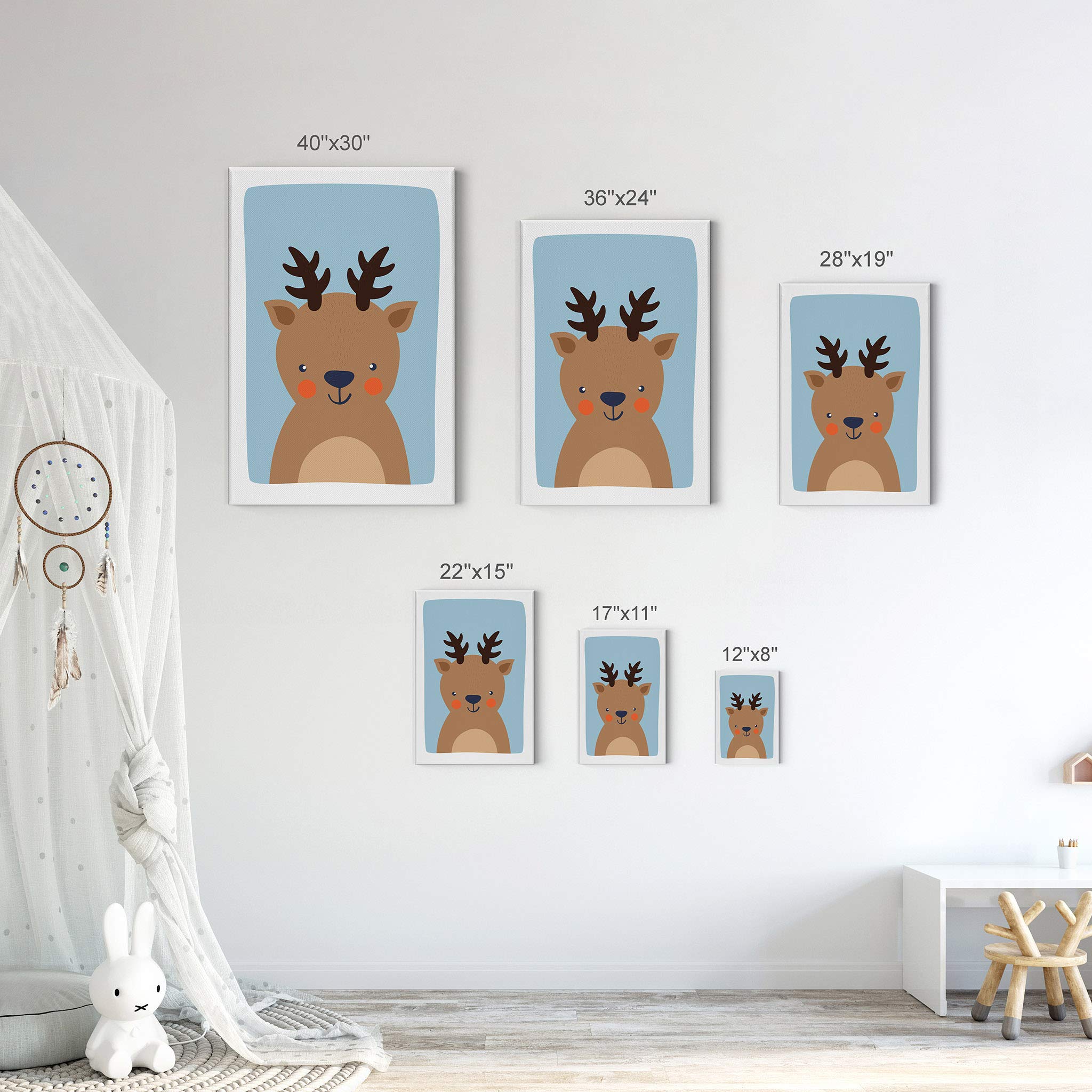 Cute Deer Blue Background Canvas Print - Smile Art Design Nursery Wall Art for Kids Room, Baby Room Decor, Ready to Hang 22x15 - Perfect for Nursery, Playroom & Children's Bedroom Decor - Made in USA