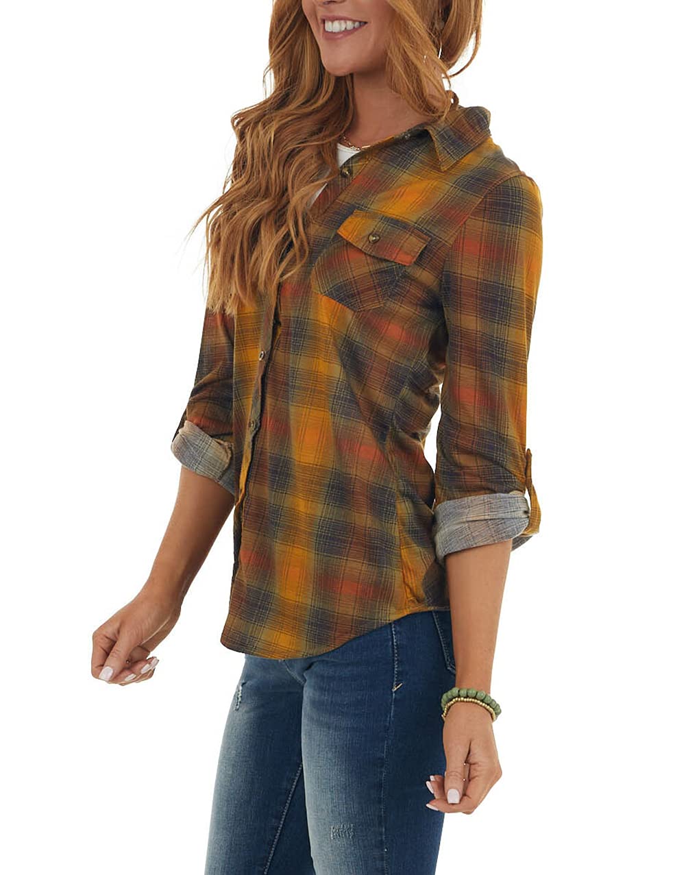 NUOREEL Women's Classic Plaid Button Down Shirt - Long Sleeve Roll-Up Cuff Casual Top for Office, Outdoors & Layering