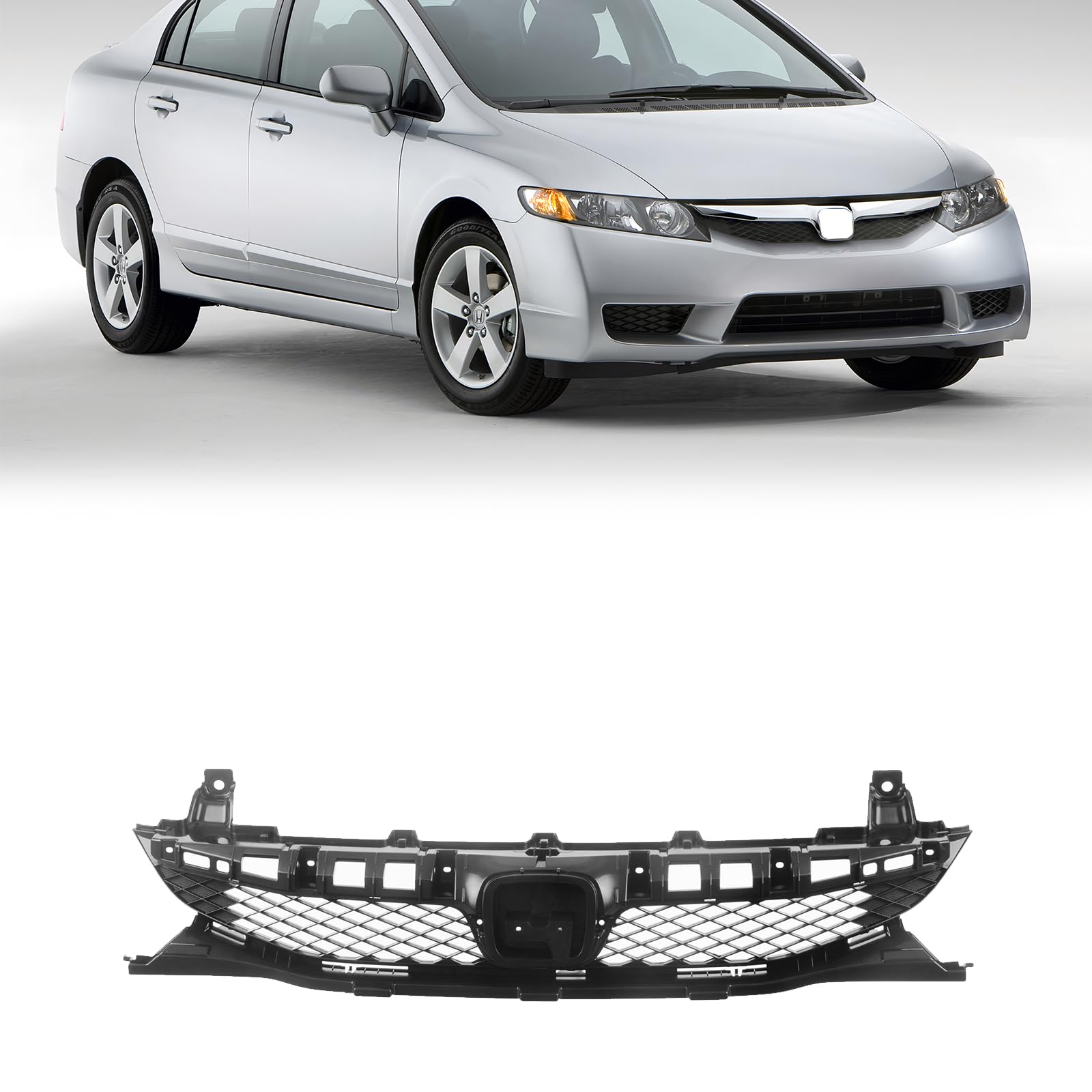 2009-2011 Honda Civic Sedan Front Black Grille Assembly with Honeycomb Insert & Emblem Provision - HO1200198 | CarPartsDepot | Perfect for Car Upgrades & Replacement Parts