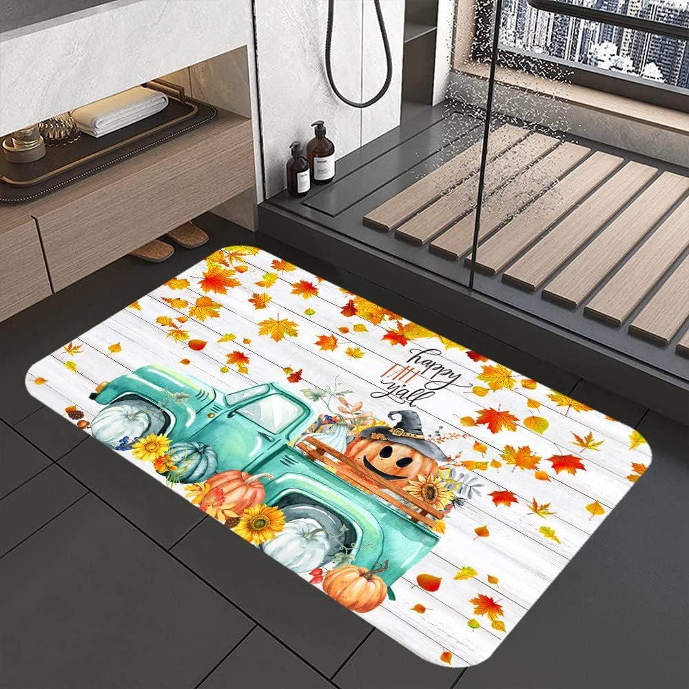 Funny Pumpkin Bathroom Rug - Autumn Teal Truck Design Non-Slip Bath Mat for Farmhouse Decor (16x24 Inch) | Thanksgiving & Fall Home Decor, Perfect for Bathroom, Kitchen, or Entryway