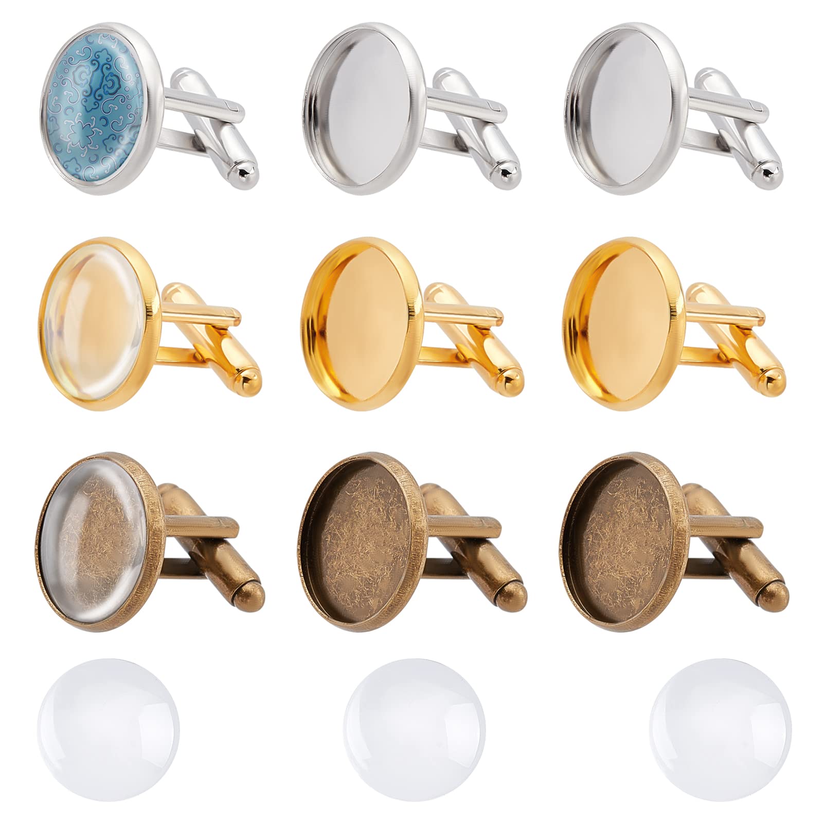 PH PandaHall 24 Sets 3-Color Brass Cufflink Settings with Dome Glass Covers - 16mm Bezel Blanks for DIY Jewelry Making, Wedding Gifts & Picture Cuff Buttons | Perfect for Crafting, DIY Projects & Men's Fashion Accessories