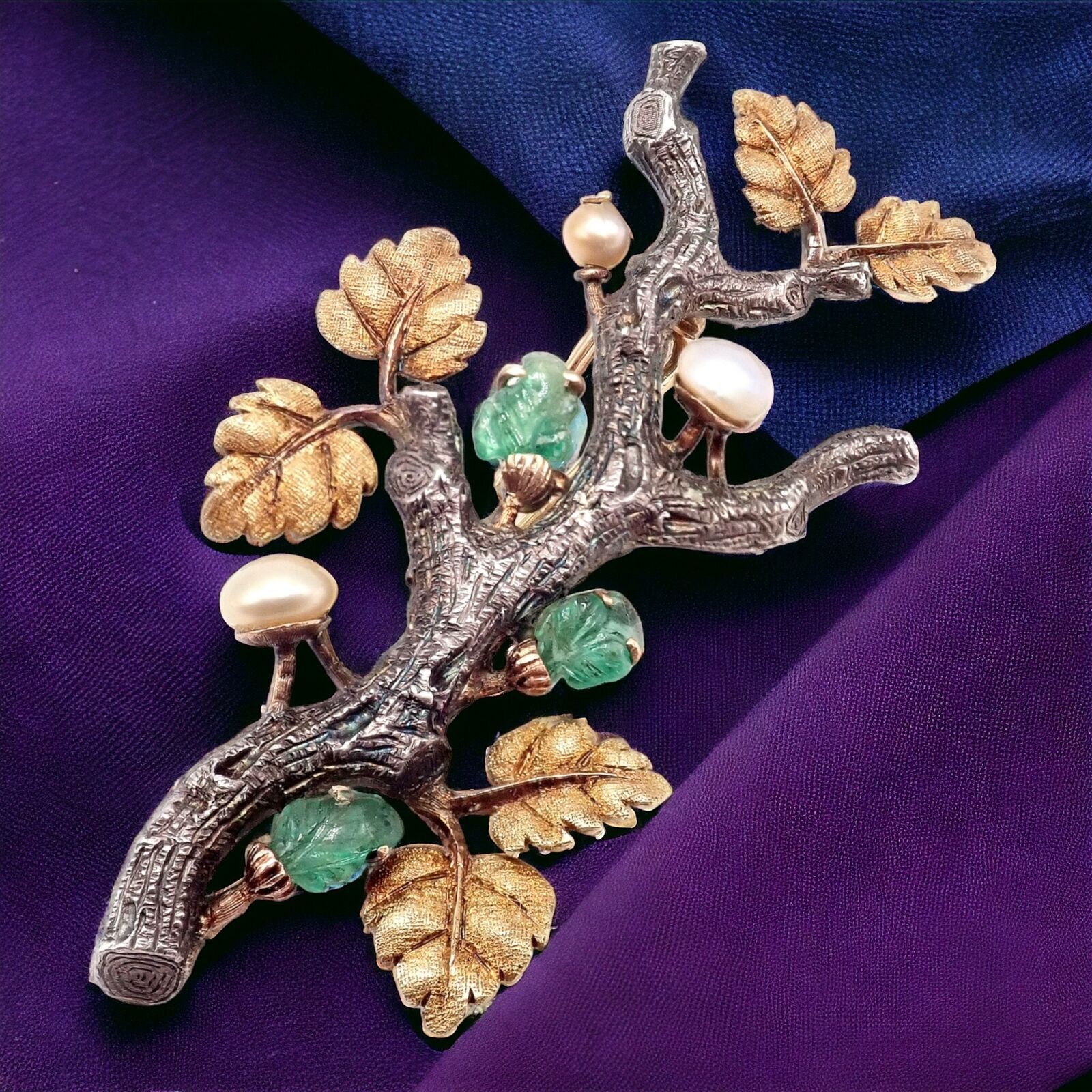 Vintage Buccellati 18K White & Yellow Gold Carved Emerald Branch Brooch Pin - Elegant Jewelry for Women, Perfect for Weddings, Parties & Special Occasions
