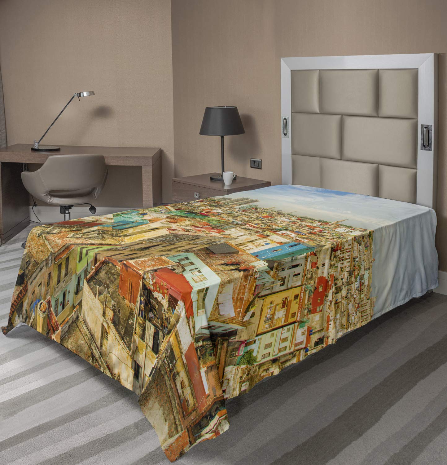 Ambesonne Soft Comfortable Travel Flat Sheet - Panoramic Havana City Vedado District Cuba Vintage Colorful Houses Historic Design - Twin Size Decorative Bedding for Home, Dorm & Travel - Perfect for Guest Rooms, Vacation Homes & Airbnb Stays