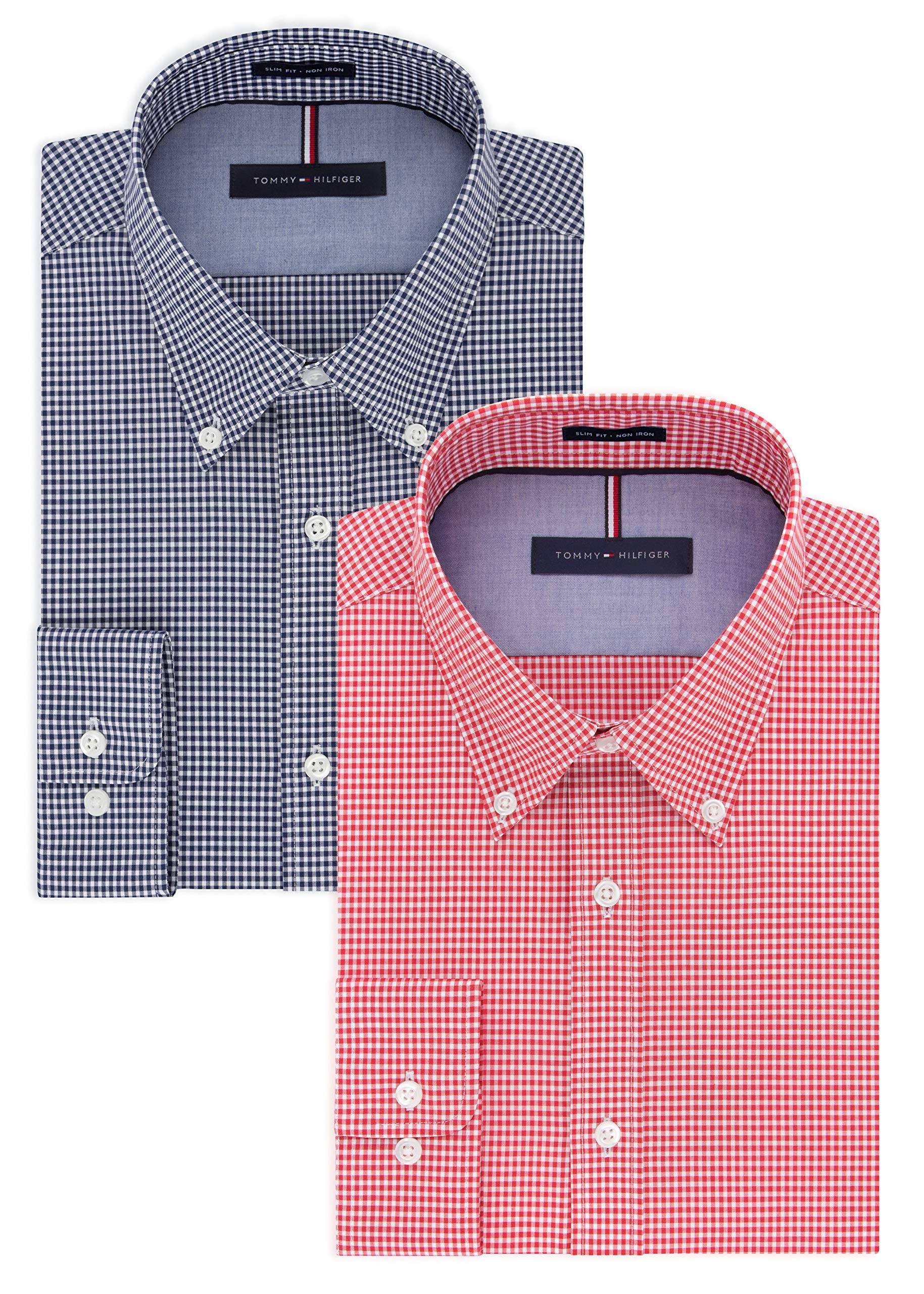 Tommy Hilfiger Men's Slim Fit Non-Iron Dress Shirt | Classic Gingham Pattern | Perfect for Office, Business Meetings & Formal Events