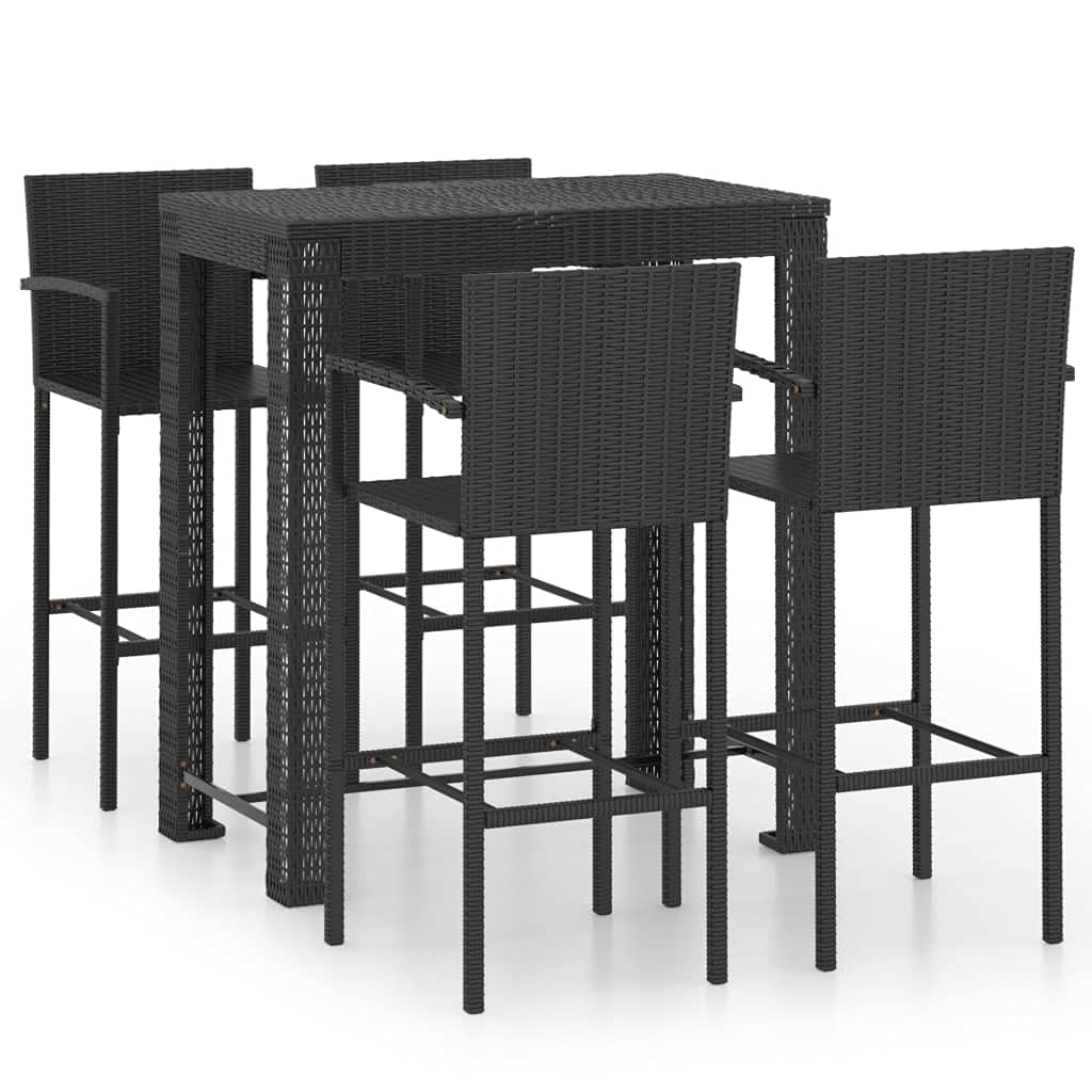 5-Piece Black Poly Rattan Outdoor Bar Set - Counter Height Garden Dining Furniture for Bistro, Pub, Backyard & Terrace - Weather-Resistant Wicker Patio Set with Armrests - Perfect for Outdoor Entertaining & Relaxation