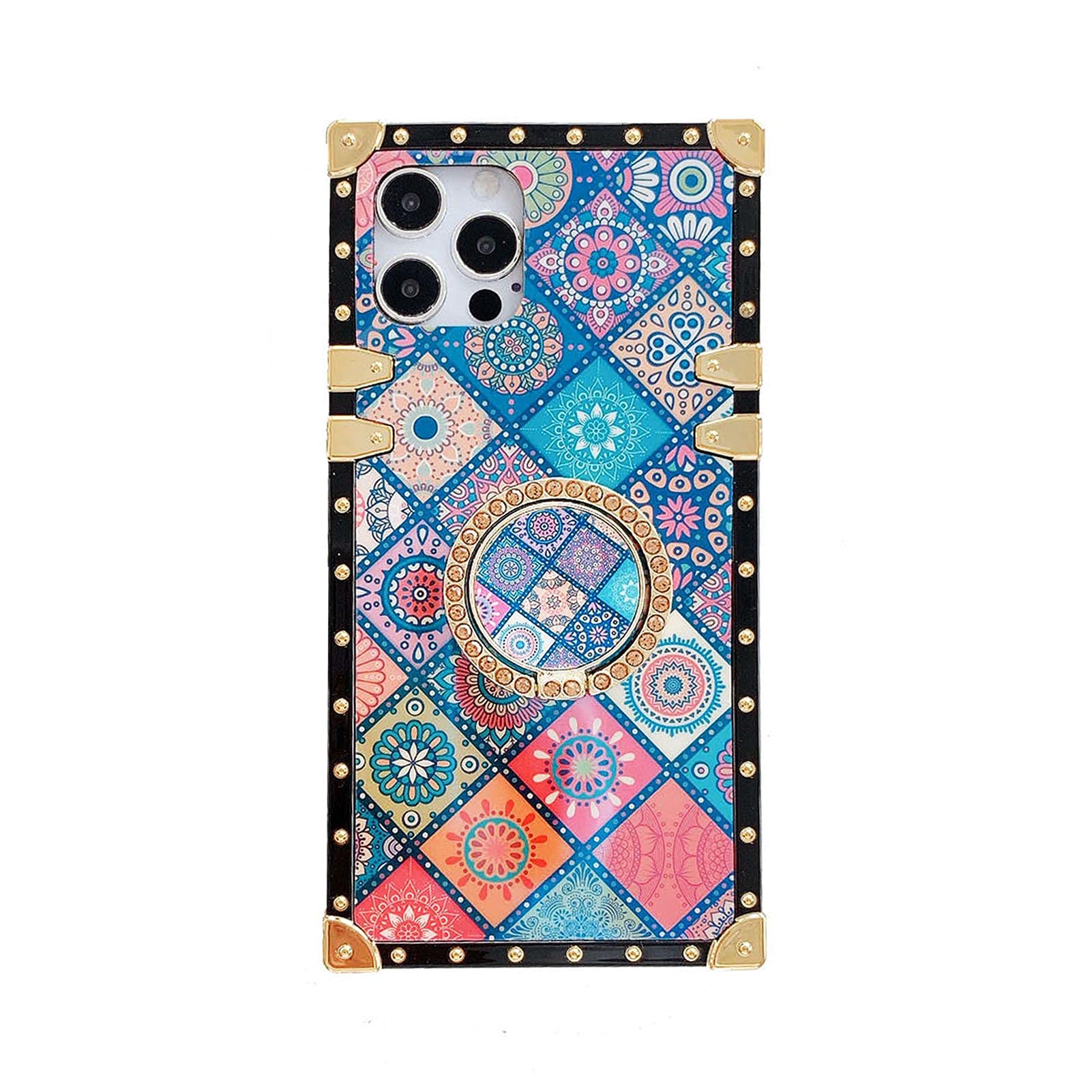 YonMeet Retro Square Blue Ray Phone Case with Holder Ring for iPhone 12 Pro Max - Indian Hippie Bohemian Psychedelic Peacock Mandala Design, Shockproof Protective Cover | Perfect for Travel, Festival & Boho Lifestyle (Pattern 2)