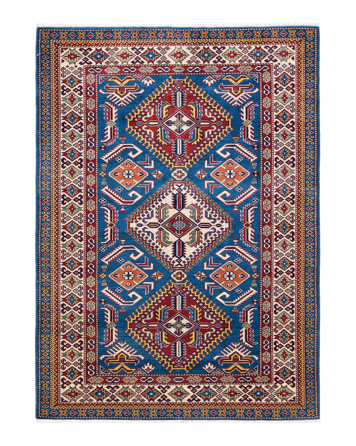 Handmade Bohemian Tribal Wool Area Rug 4x6 Feet - Light Blue Hand-Knotted One-of-a-Kind Design for Living Room, Bedroom & Boho Decor