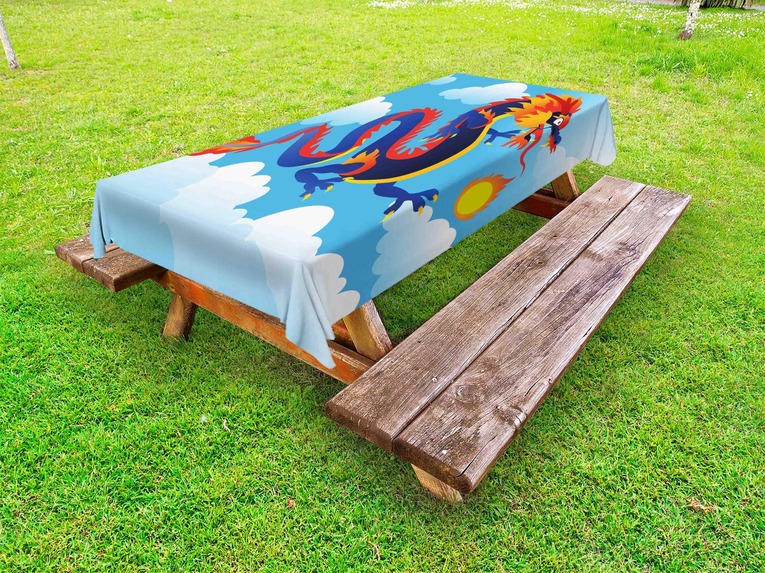 Ambesonne Dragon Tablecloth - Surreal Folk Tale Creature Design, Washable Picnic Table Cover 58x120 Inches, Sky Blue Orange Indigo - Perfect for Outdoor Dining, BBQ Parties, and Picnic Decorations