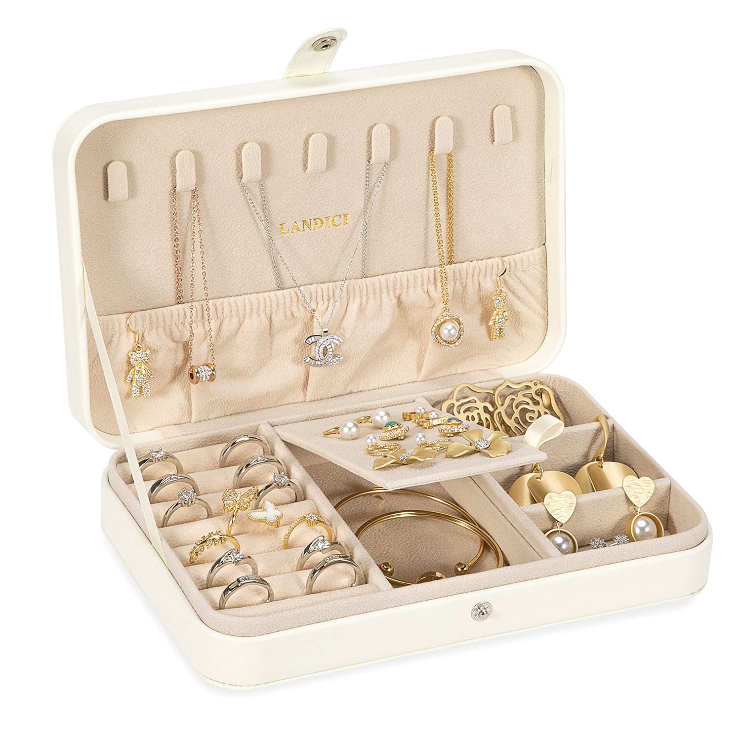 LANDICI Small Jewelry Box for Women & Girls - PU Leather Travel Jewelry Organizer Case with Storage Compartments for Rings, Earrings, Necklaces & Bracelets - Perfect Gift for Her, Kids & Men - Portable Jewelry Display Holder for Travel, Home & Office - White
