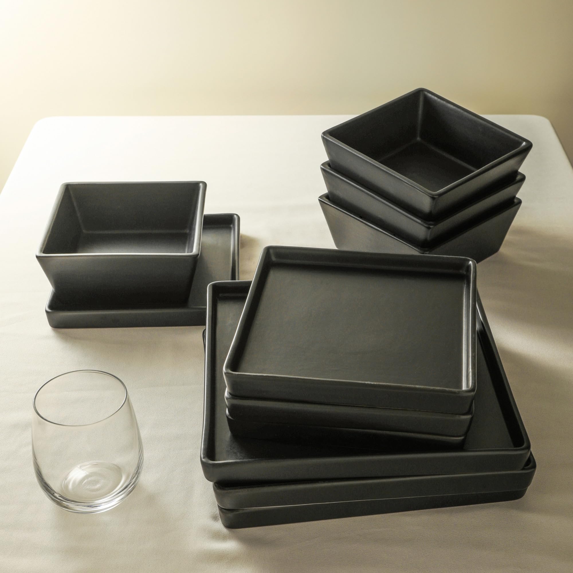 Premium 12-Piece Stoneware Dinnerware Set for 4 - Black Square Plates & Bowls - Durable Stone Lain Grace Collection - Perfect for Family Dinners, Entertaining Guests & Restaurant-Style Dining