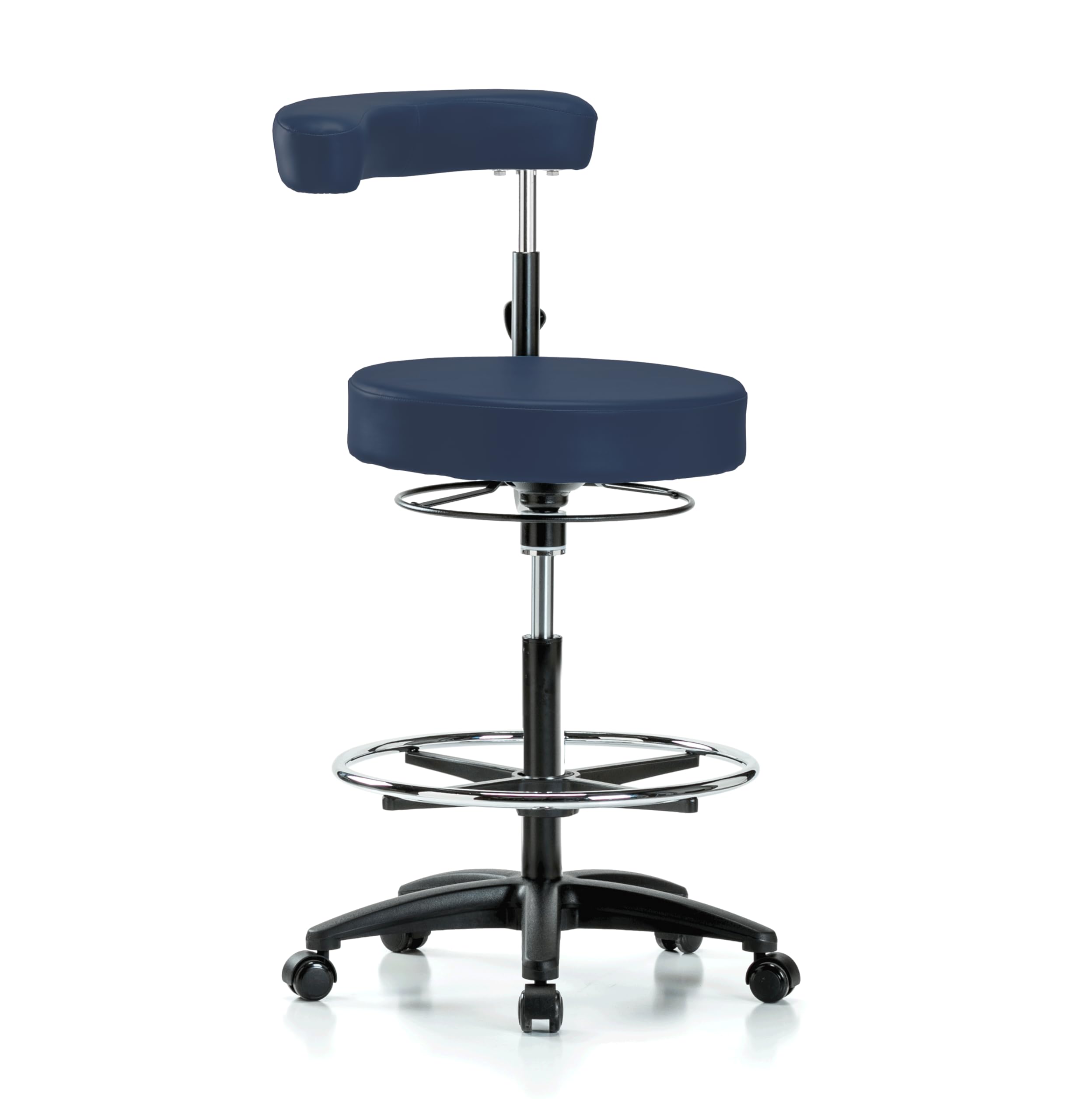 Adjustable Height Perch Rolling Dental Stool with Procedure Arm & Foot Ring - Imperial Blue Vinyl for Carpet/Linoleum Floors - Perfect for Dental Clinics, Counter Height Workstations & Medical Offices