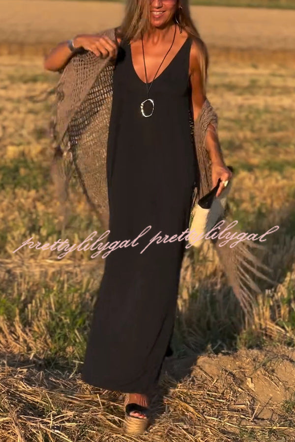 Elegant Solid Color V-Neck Sleeveless Maxi Dress - Casual Loose Fit Summer Beach Dress for Women | Perfect for Vacation, Date Night & Outdoor Events