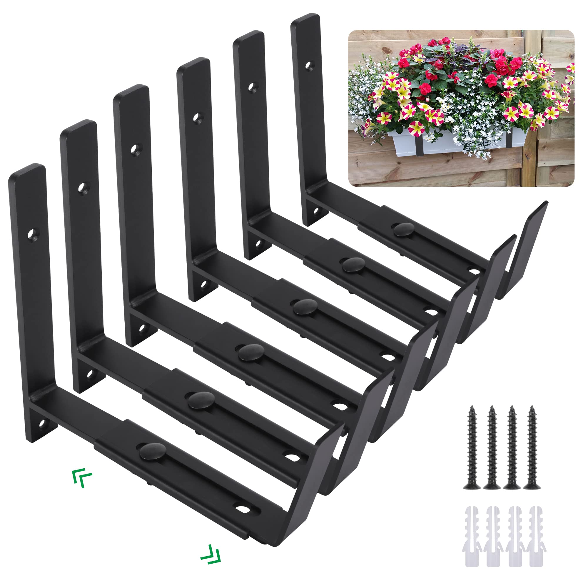 Heavy Duty Adjustable Window Planter Box Brackets 6 Pack - Black Wall Mount Flower Box Holder for 6-12 Inch Depth - Perfect for Balcony, Garden & Outdoor Decor