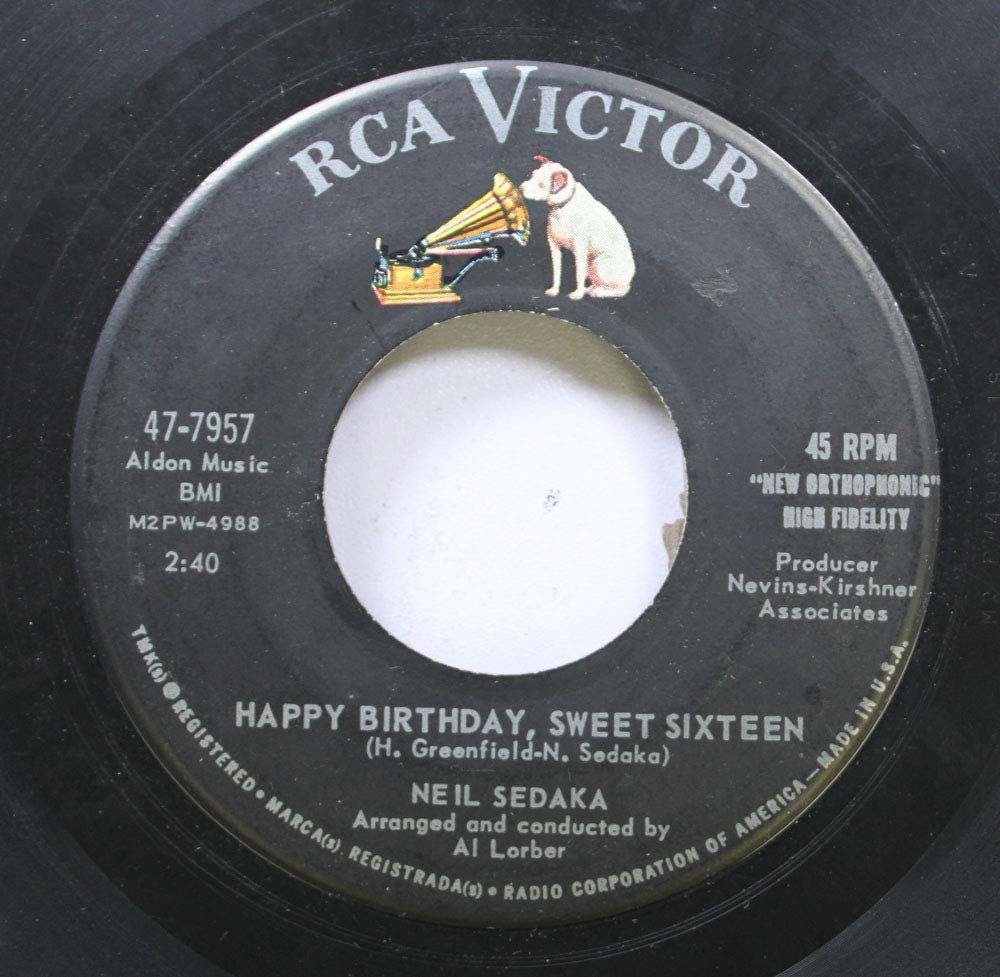 NEIL SEDAKA 45 RPM Vinyl Record - Happy Birthday Sweet Sixteen / Don't Lead Me On - Classic 1960s Pop Music Collectible for Birthday Parties & Retro Music Lovers