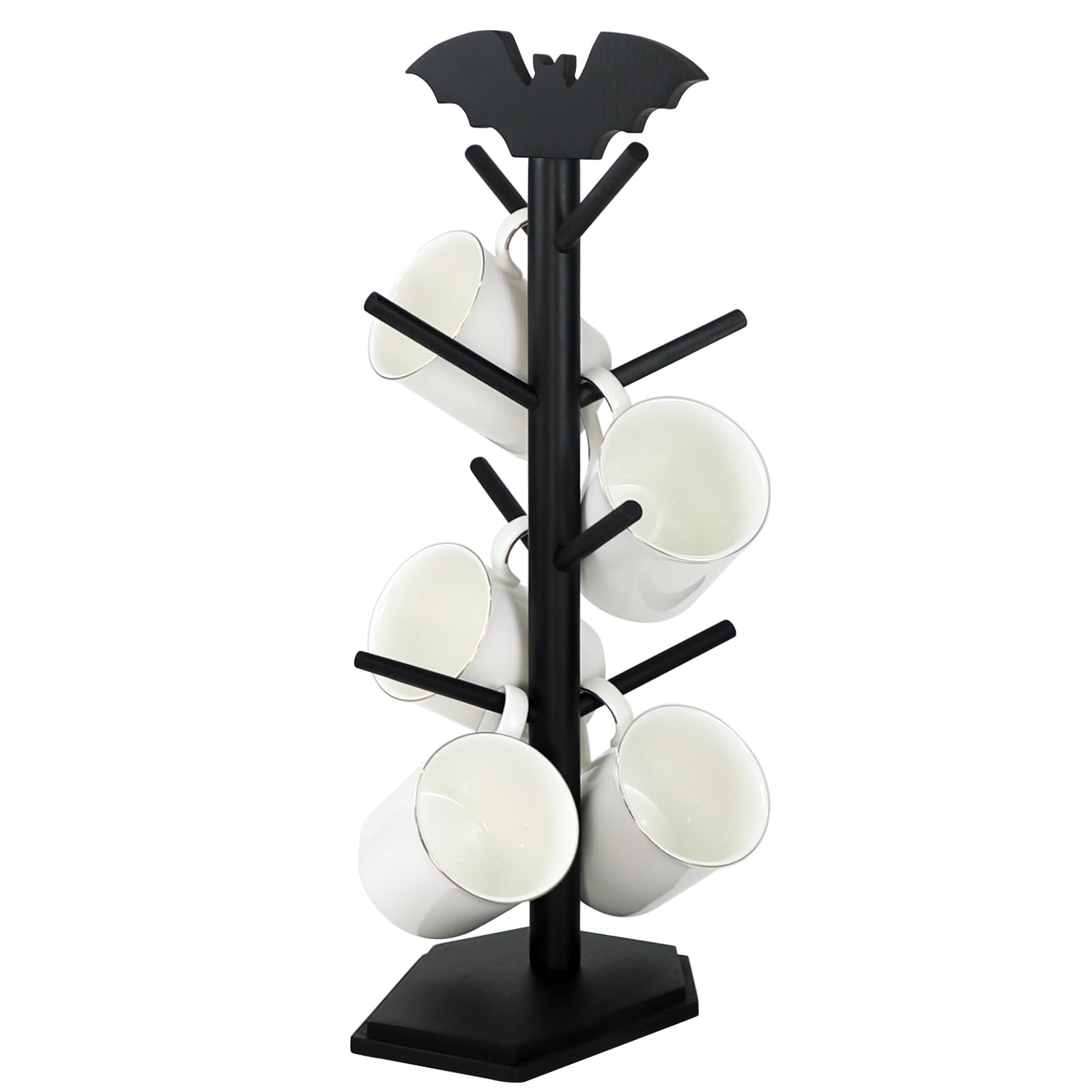 Gothic Black Bat Mug Holder Tree with 8 Hooks - Wooden Coffee Cup Rack for Kitchen Countertop - Halloween Decor & Coffee Bar Organizer - Perfect for Home, Office, and Halloween Party Decorations