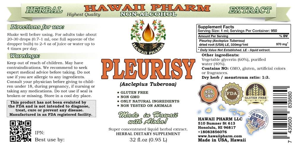 Alcohol-Free Pleurisy Root Liquid Extract | Asclepius Tuberosa Dried Root Glycerite | Natural Herbal Supplement by Hawaii Pharm USA | 64 fl.oz (2x32 fl.oz) | Supports Respiratory Health & Immune System | Perfect for Herbal Tea Blends & Holistic Wellness Routines