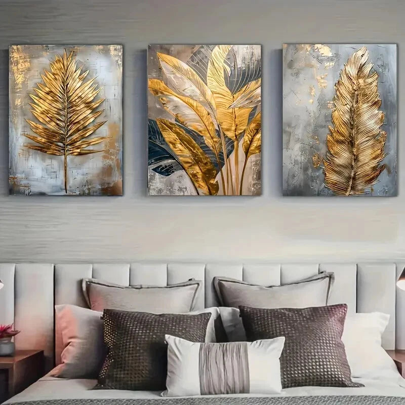 3-Piece Golden Leaf & Feather Wall Art Set - Framed Canvas 40x60cm - High Quality Print - 100% Australian Made - Ready to Hang - Perfect for Living Room, Bedroom & Office Decor