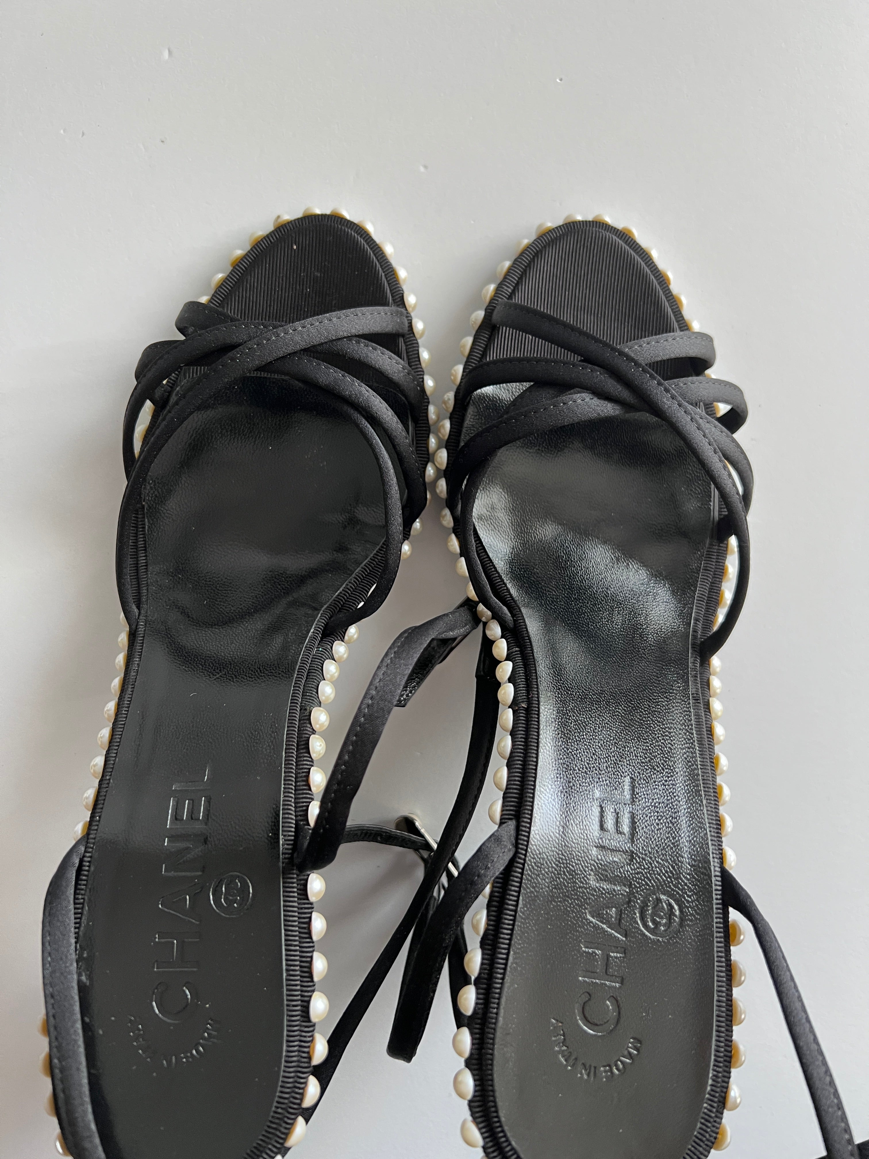 Chanel Black Satin Pearl Embellished Ankle Wrap Heels - Elegant Women's Luxury High Heels for Parties, Weddings & Special Occasions