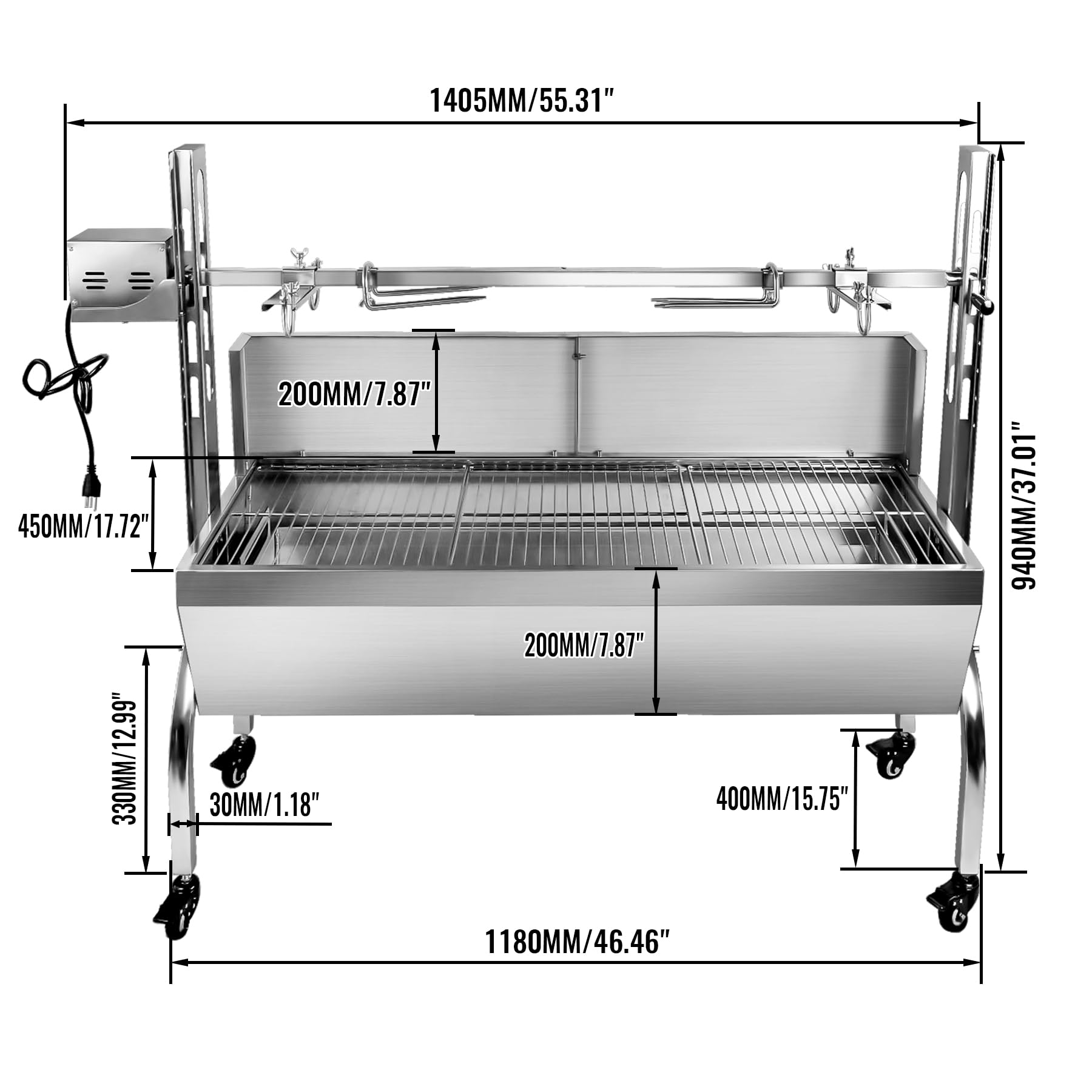 Portable Stainless Steel Charcoal Rotisserie Grill for Whole Pig, Lamb, Goat - 25W Motor with Back Cover Guard & Baffle (176 lbs Capacity) - Perfect for Backyard BBQs, Camping, and Outdoor Parties