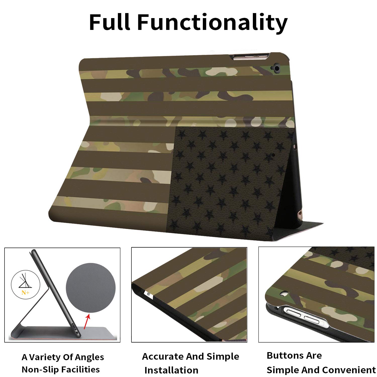 Premium PU Leather Adjustable Stand Case Cover for iPad 9.7 Inch (2018/2017), iPad Air 2 & iPad Air - Auto Wake/Sleep Smart Protection - USA Flag Camouflage Design | Perfect for Work, Travel & Home Use