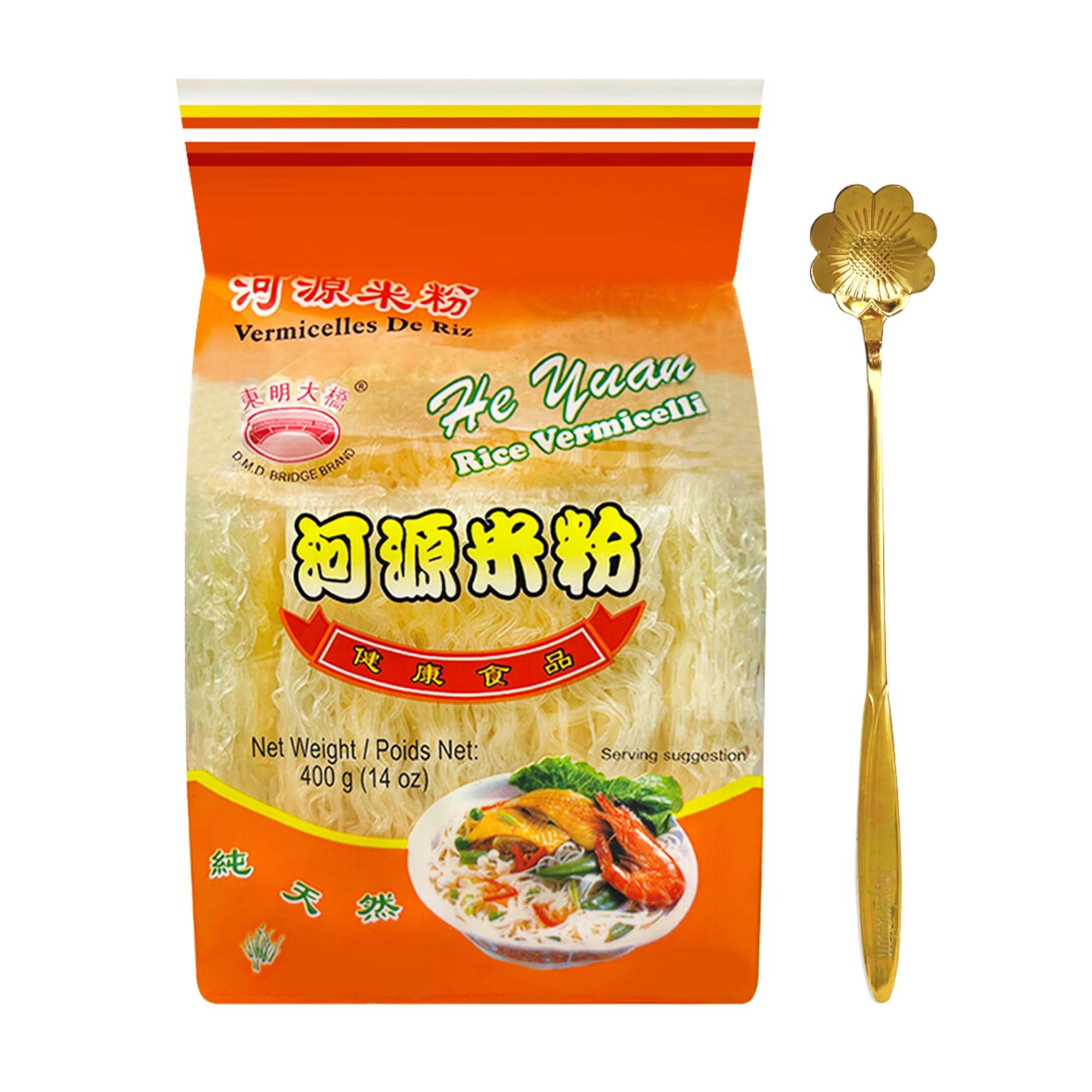 D.M.D BRIDGE BRAND Premium Rice Vermicelli Noodles - Authentic He Yuan Thin Rice Noodles (14oz/400g) | Perfect for Thai, Vietnamese, Chinese & Japanese Cuisine | Ideal for Stir Fry, Pho, Ramen & Hot Pot | Includes Free Steel Spoon | Gluten-Free Asian Noodles