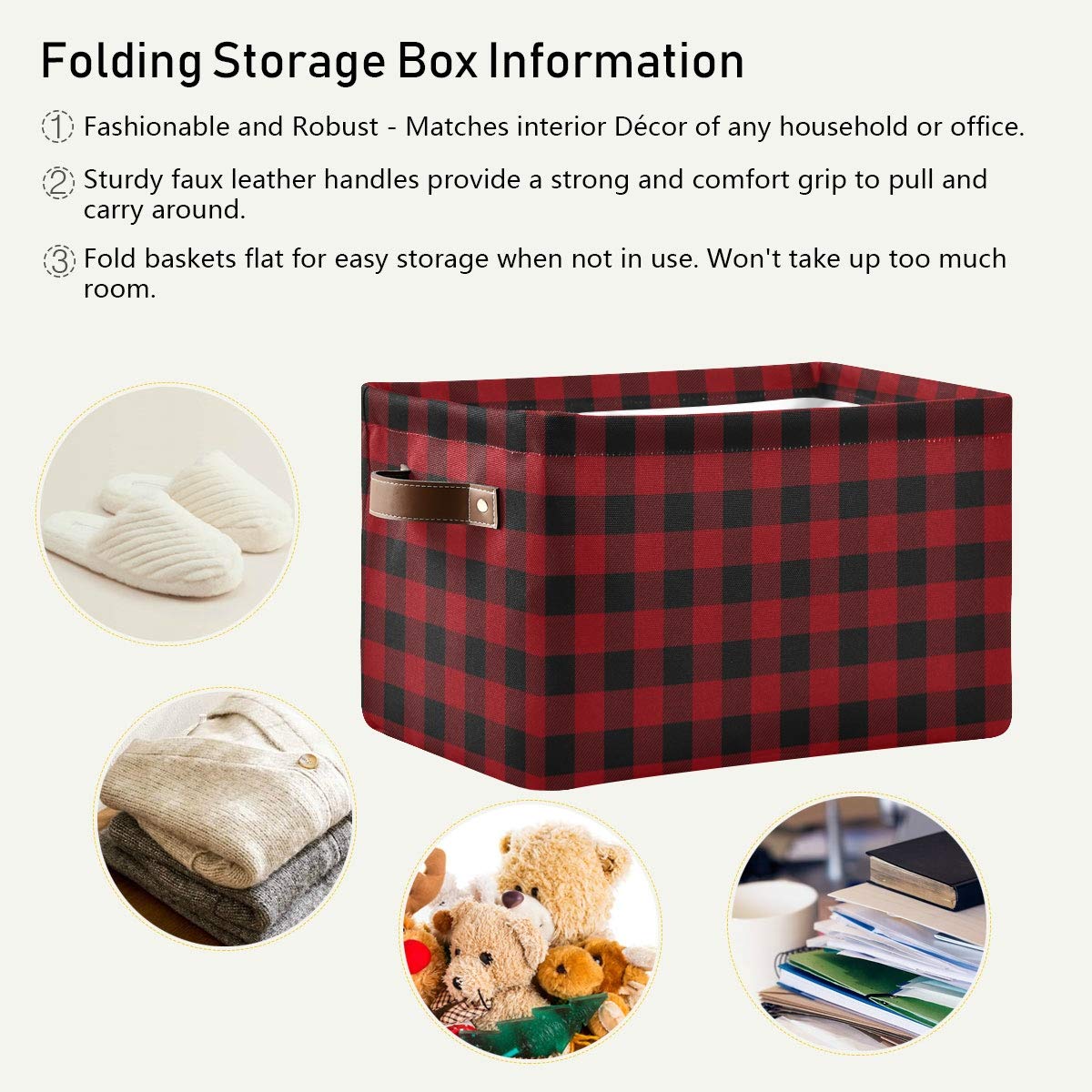 AUUXVA Collapsible Storage Basket - Classic Buffalo Grid Plaid Canvas Bin with Handles | Durable Organizer Cube for Toys, Clothes & Home Office | Perfect for Shelves, Closets & Bedroom Organization (1-Pack)