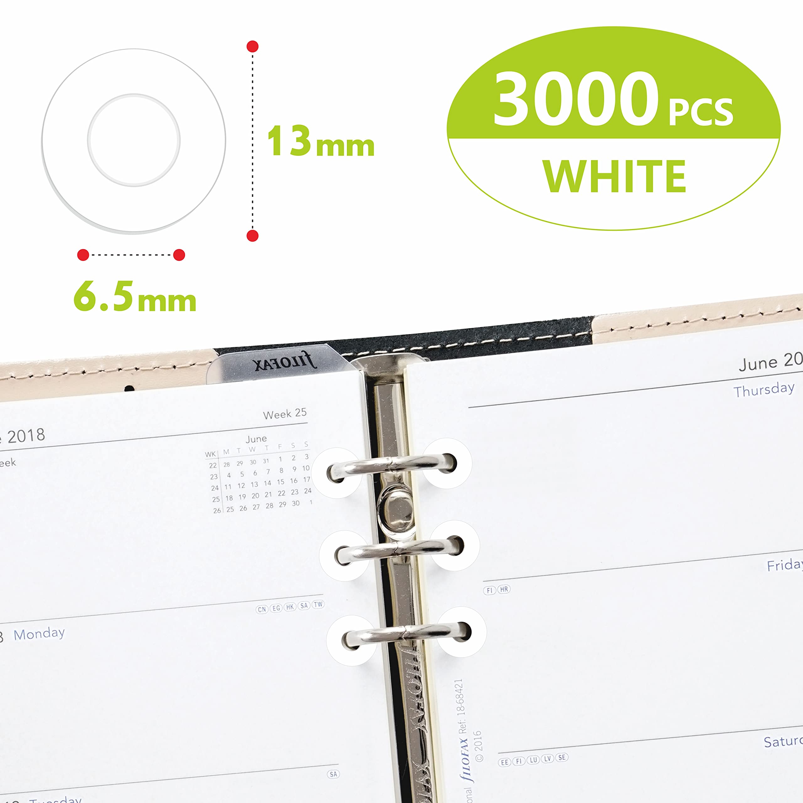 3000 Pack White Hole Punch Reinforcement Stickers - Durable Plastic Donut Labels for Loose Leaf Paper Protection (0.5