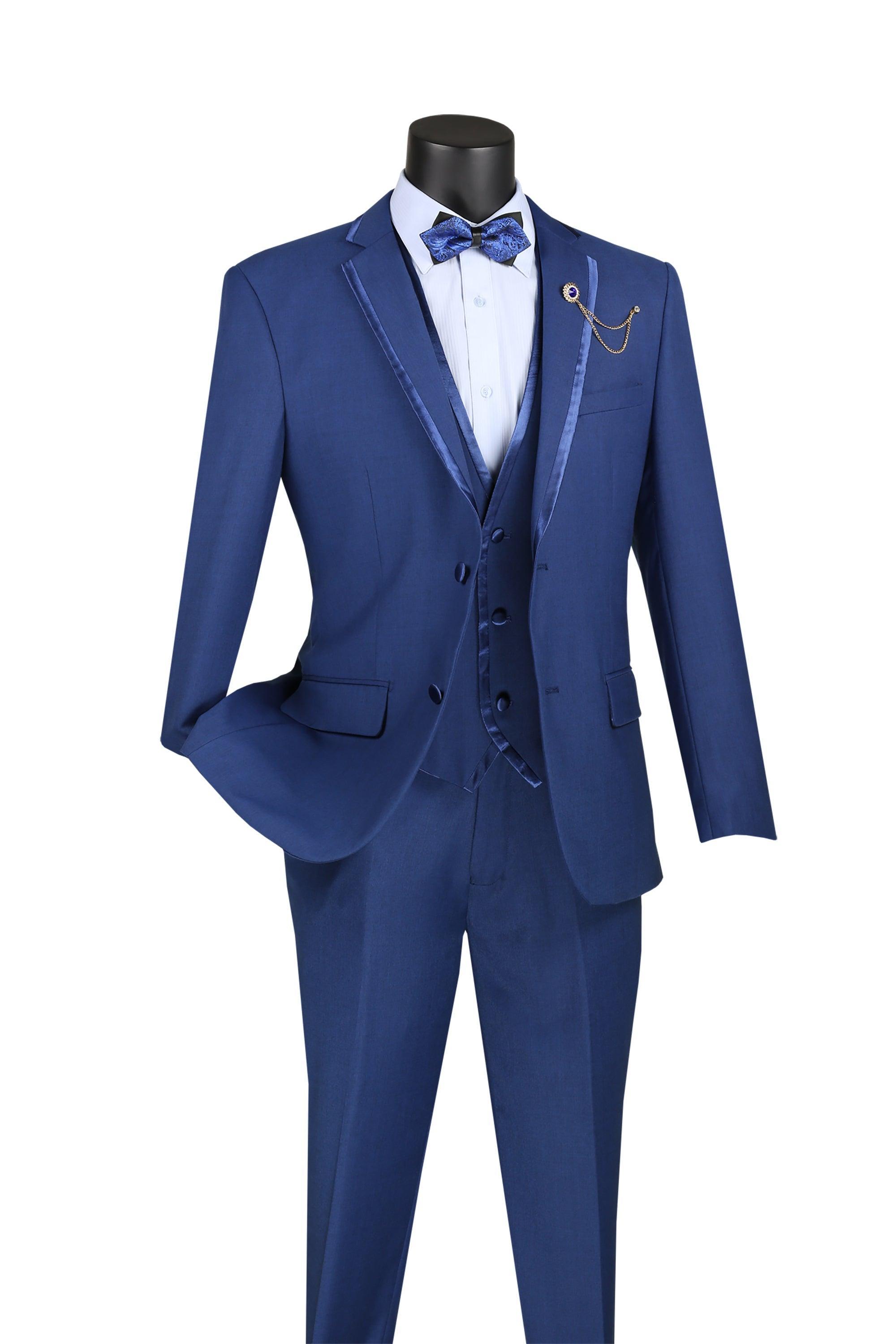 Blue Trimmed Lapel Slim Fit 3 Piece Suit for Men | Formal Business Attire | Wedding, Office & Special Occasion Outfit