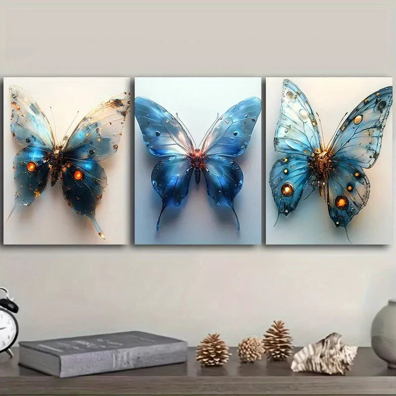 3-Piece Blue Mechanical Butterfly Wall Art Set - Framed Canvas 40x60cm - High Quality Print - 100% Australian Made - Ready to Hang - Perfect for Living Room, Bedroom & Office Decor